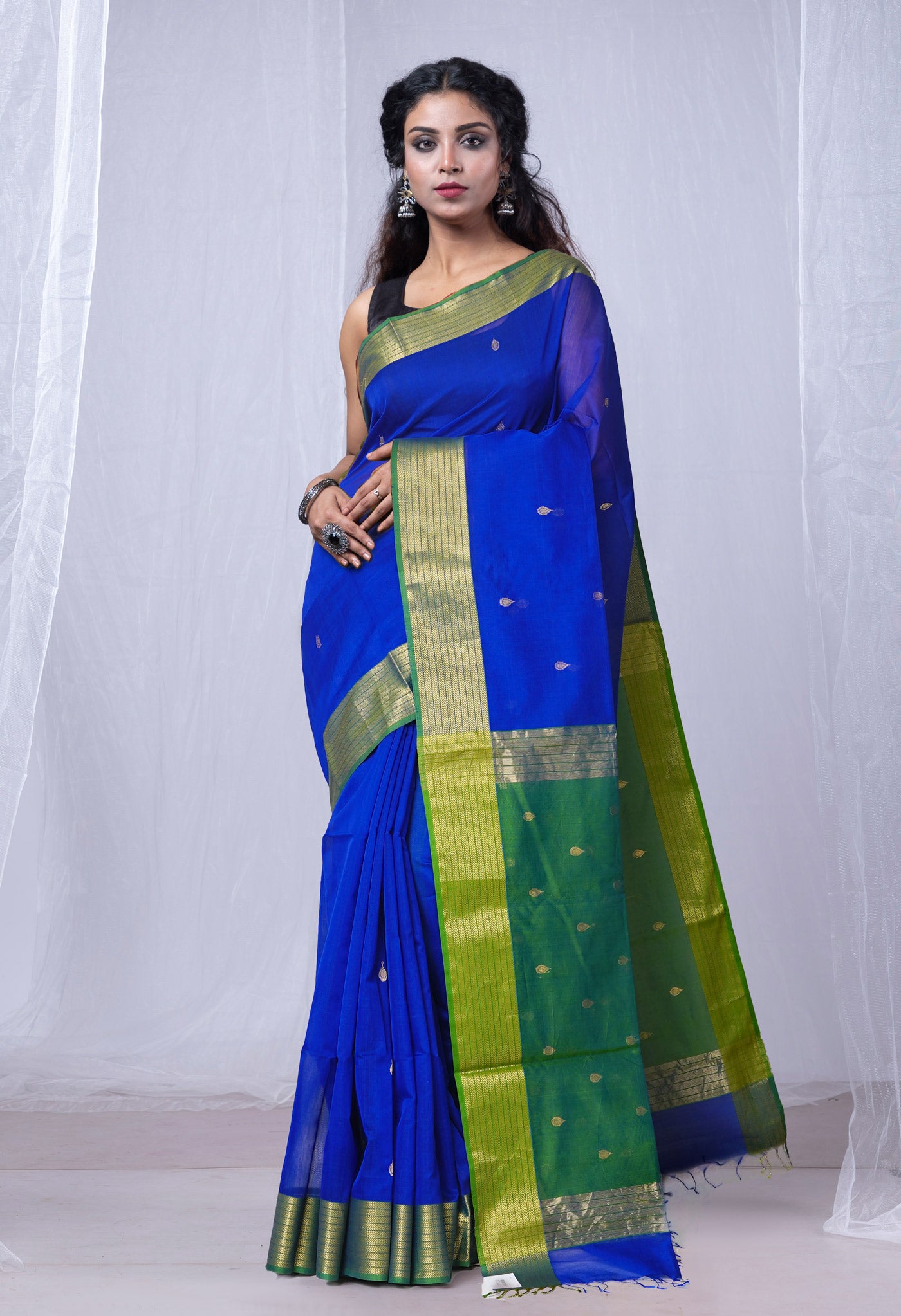 Dark Blue Pure Handloom Maheshwari Sico Saree-UNM80023