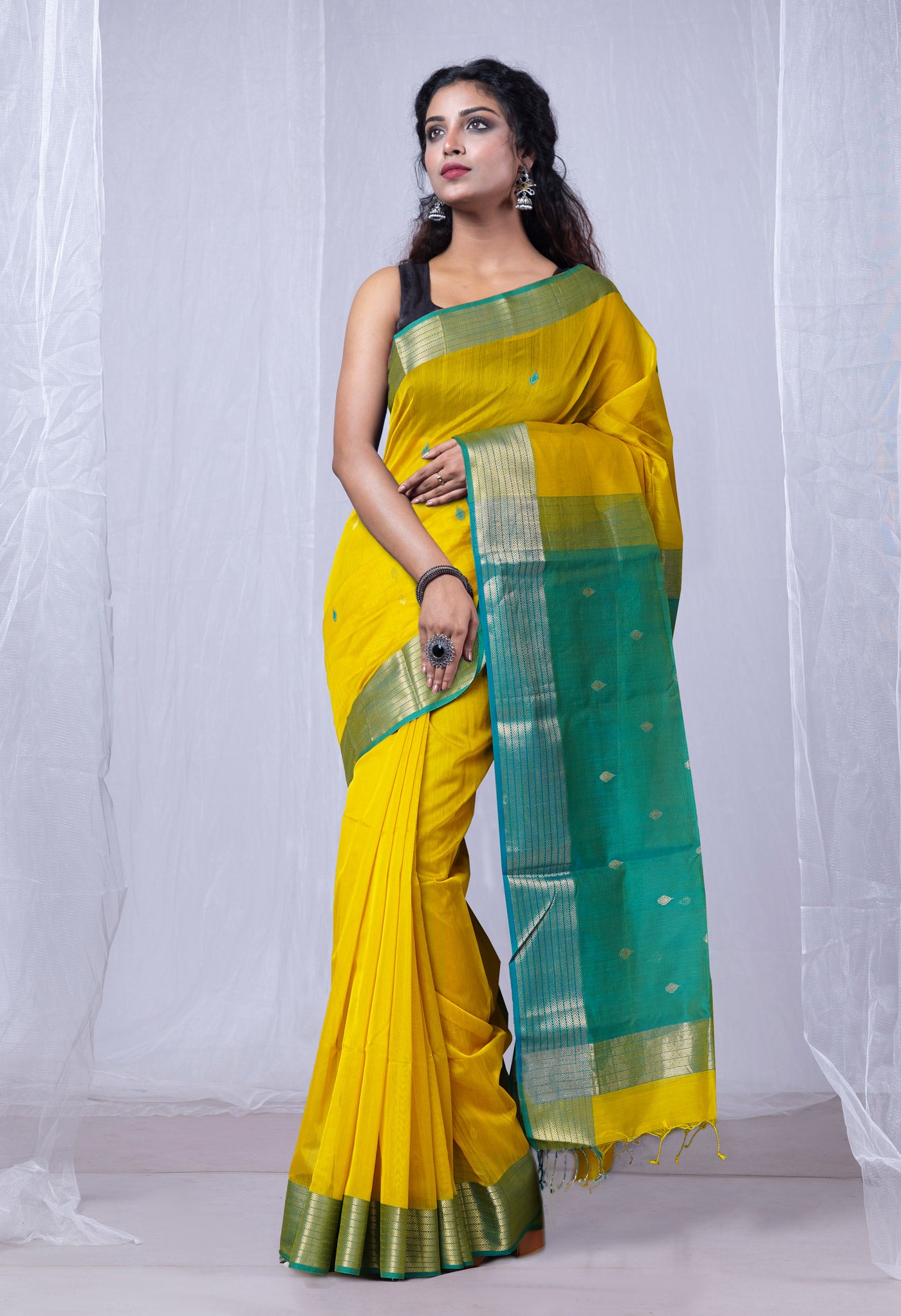 Yellow Pure Handloom Maheshwari Sico Saree-UNM80024