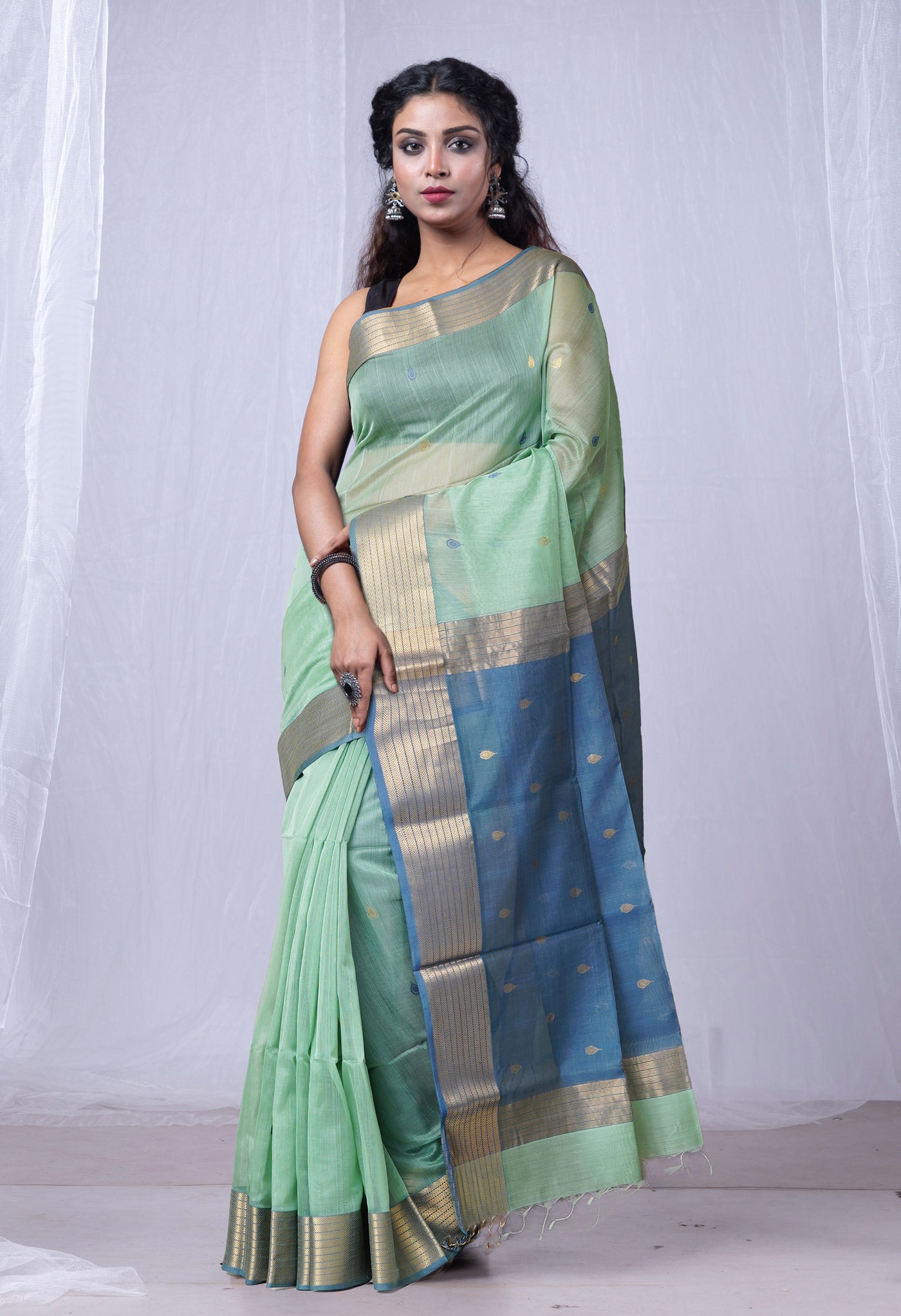 Pale Green Pure Handloom Maheshwari Sico Saree-UNM80026