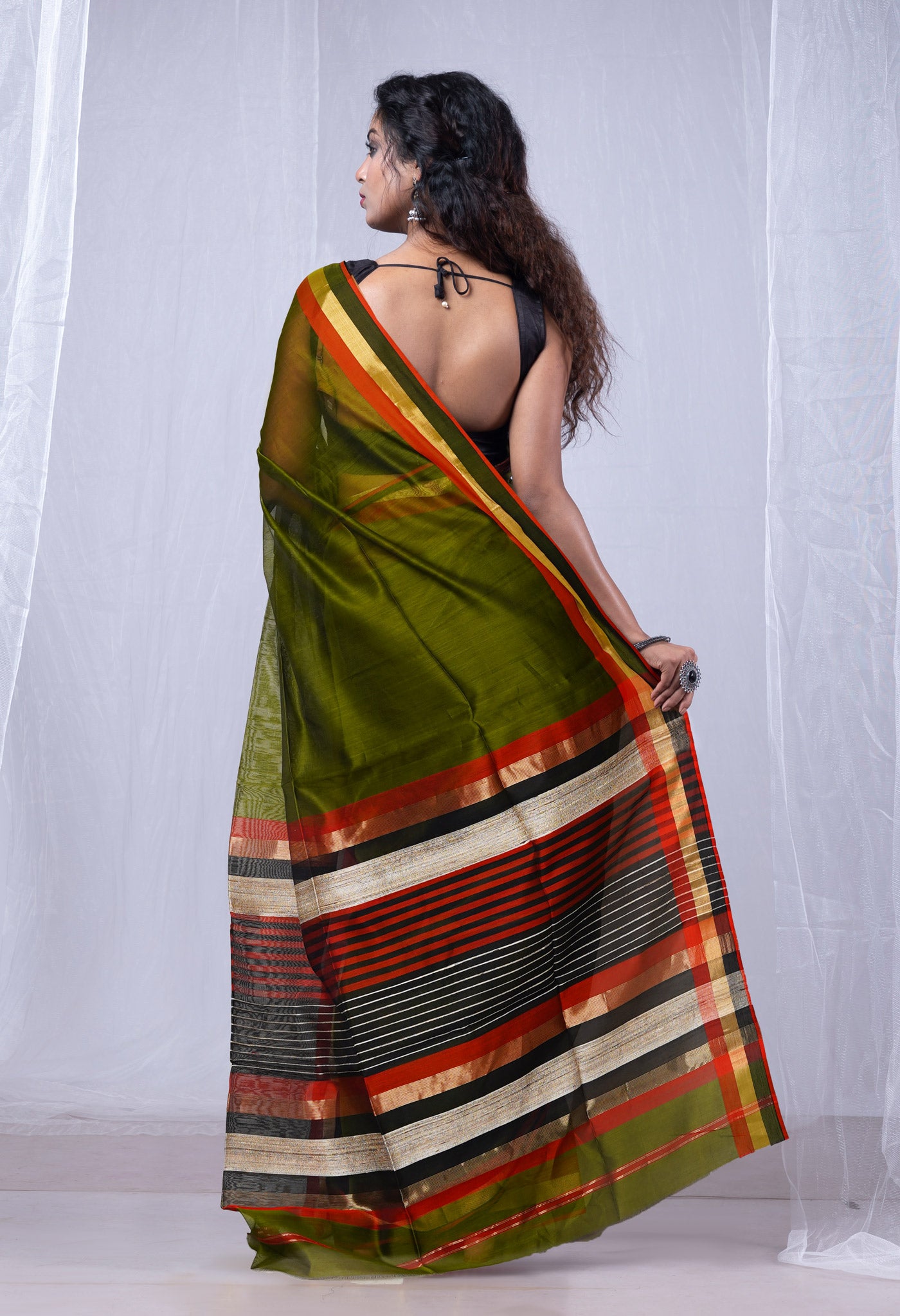 Olive Green Pure Handloom Maheshwari Sico Saree-UNM80032