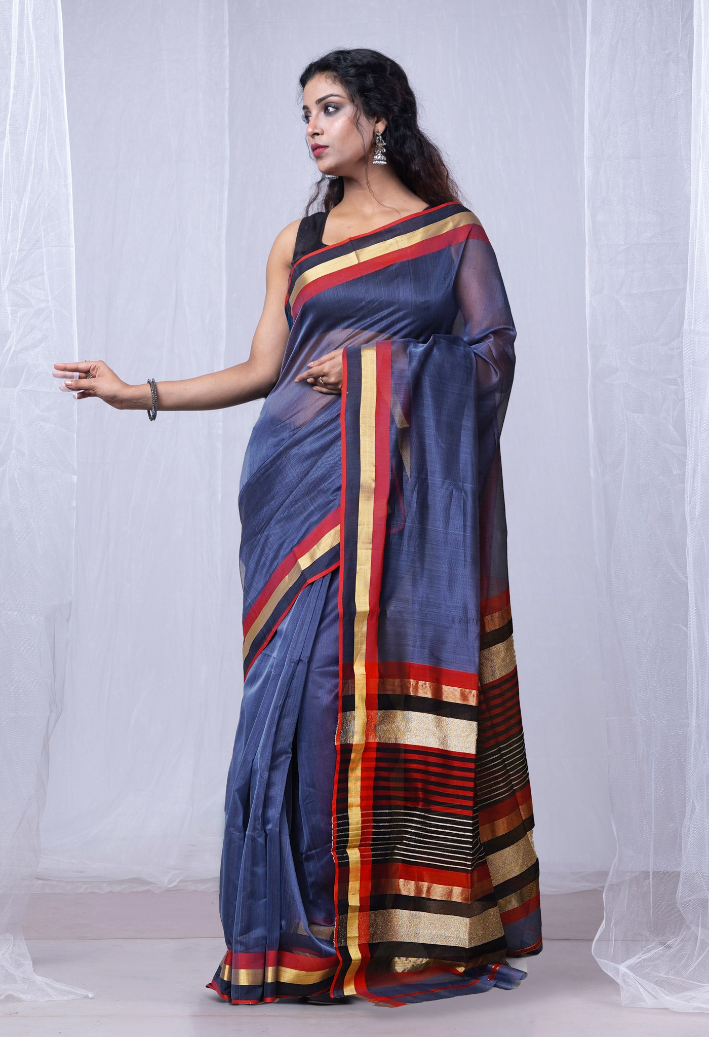 Bluish Grey Pure Handloom Maheshwari Sico Saree-UNM80033