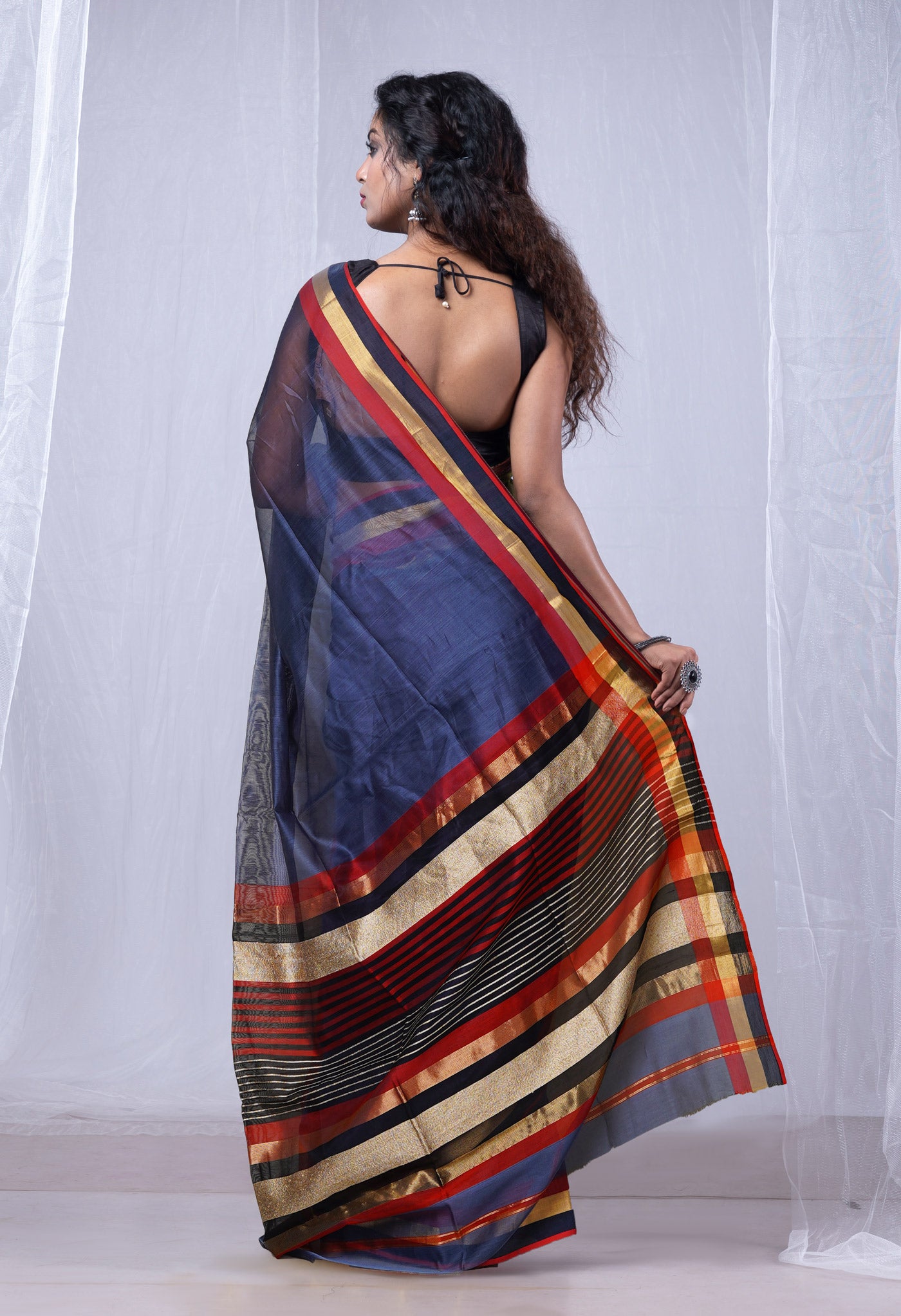 Bluish Grey Pure Handloom Maheshwari Sico Saree-UNM80033