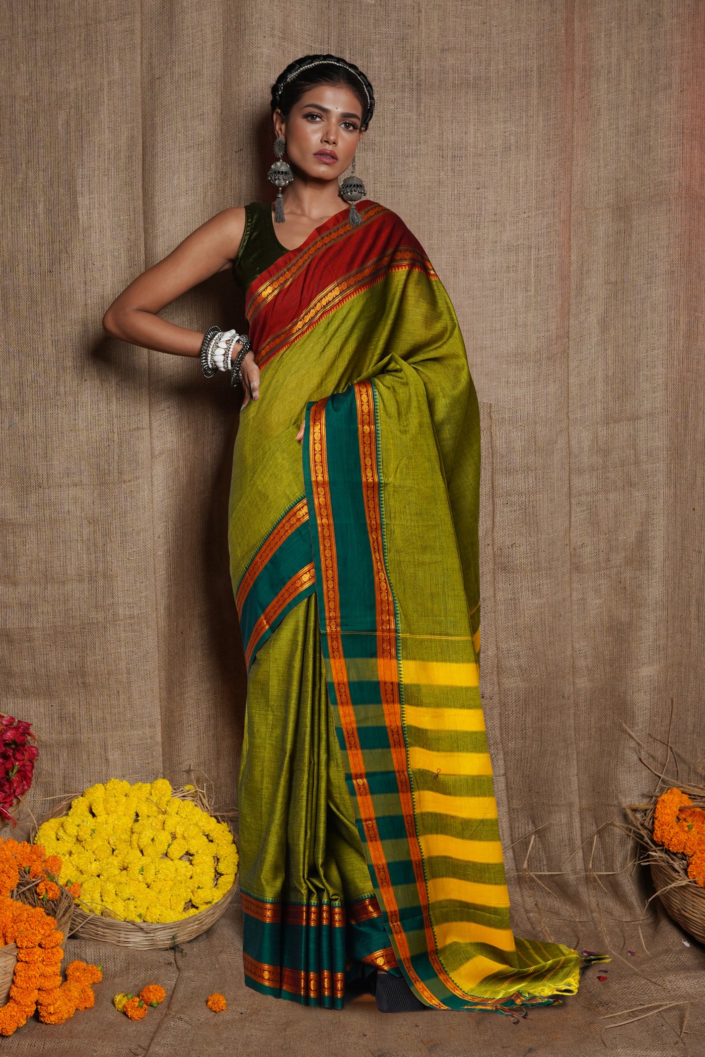 Green Pure Handloom Narayani Cotton Saree-UNM80088