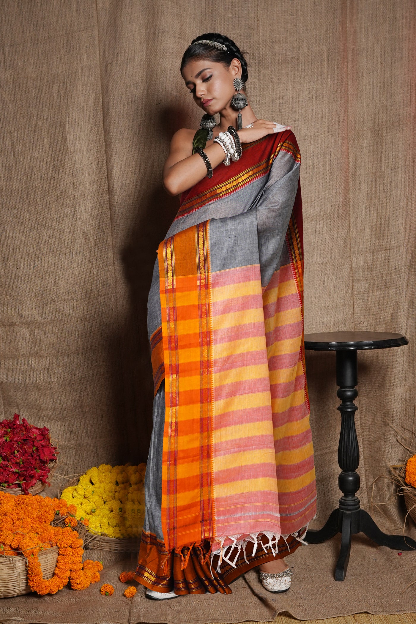 Grey Pure Handloom Narayani Cotton Saree-UNM80089