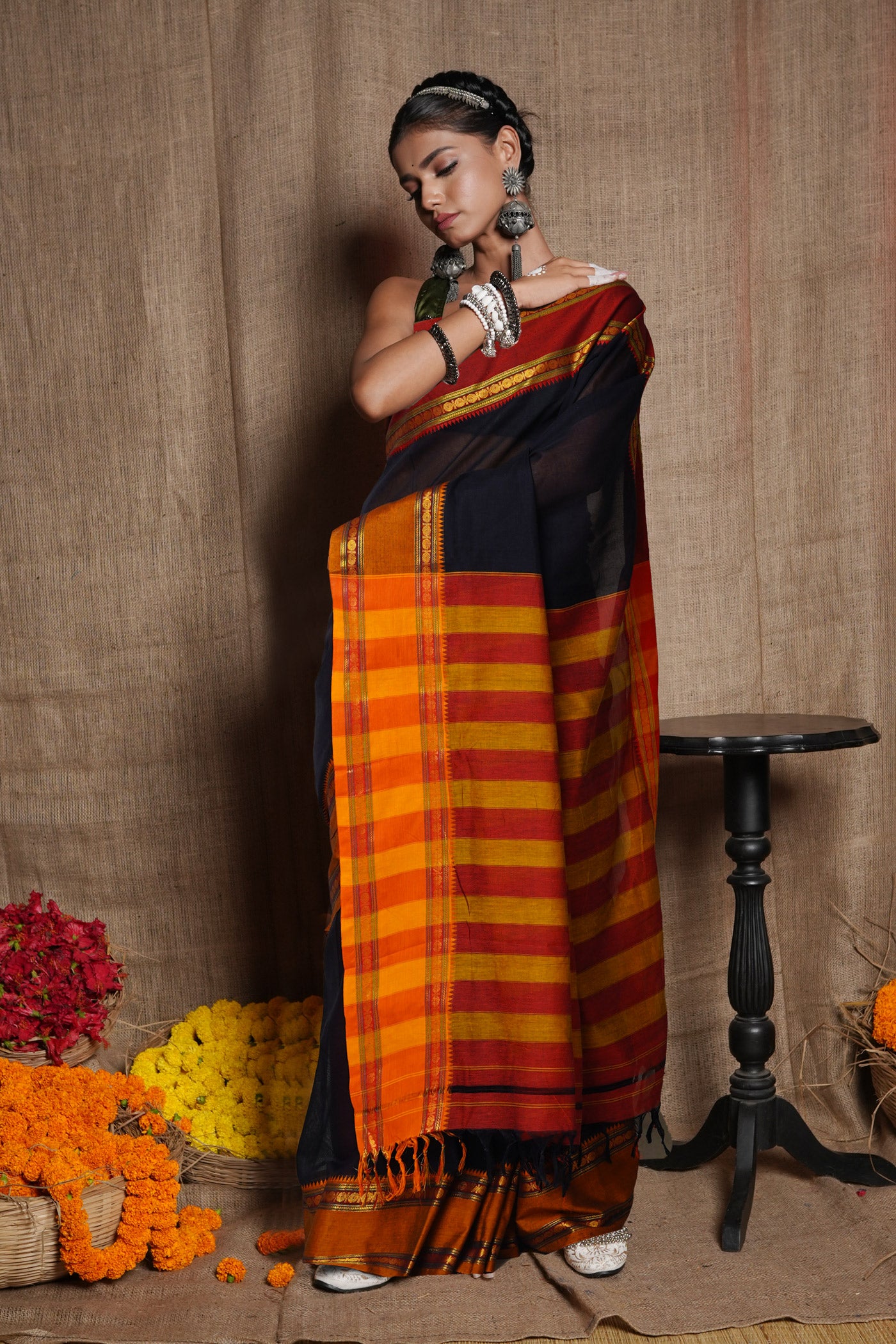 Black Pure Handloom Narayani Cotton Saree-UNM80093