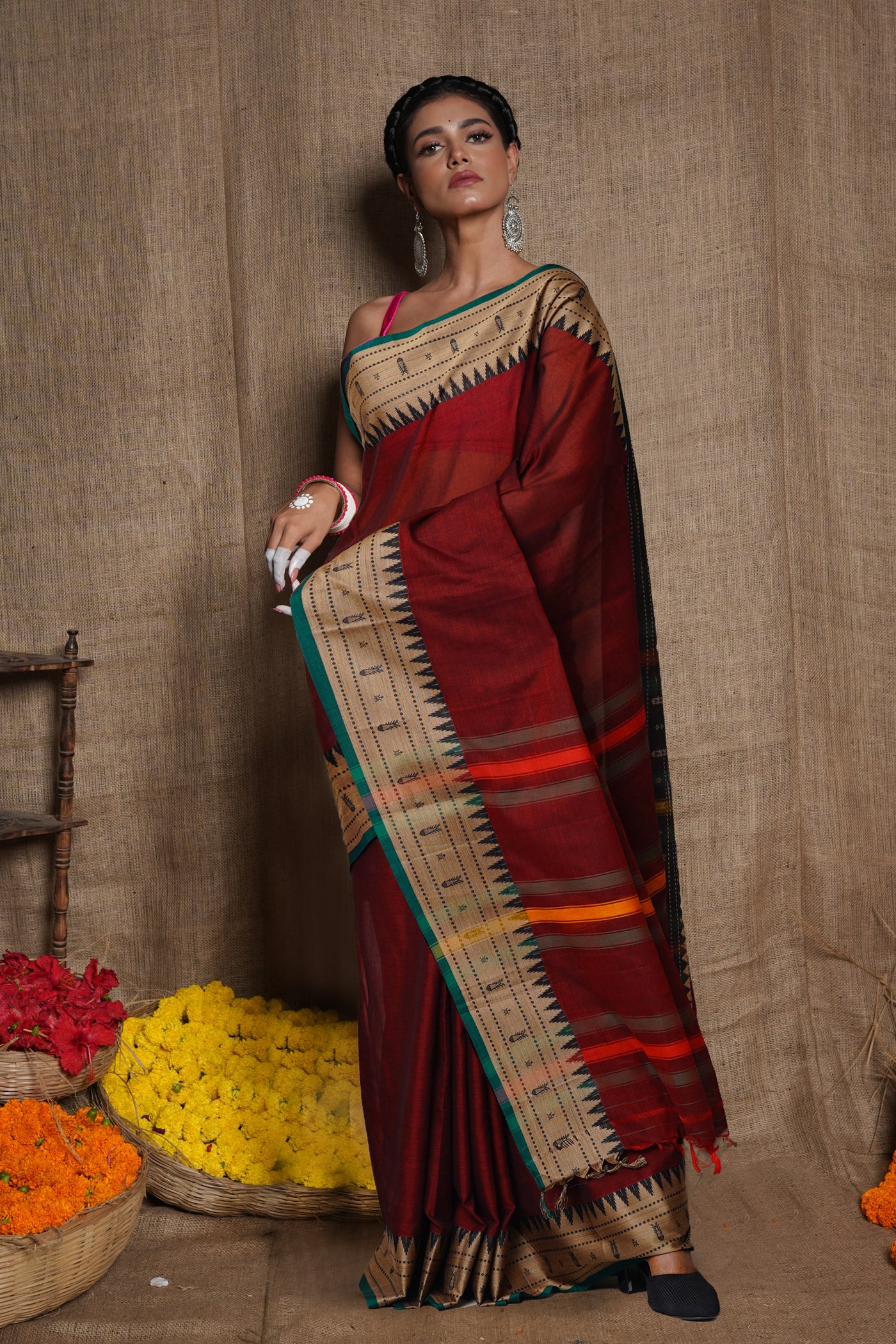 Maroon Pure Handloom Narayani Cotton Saree-UNM80096