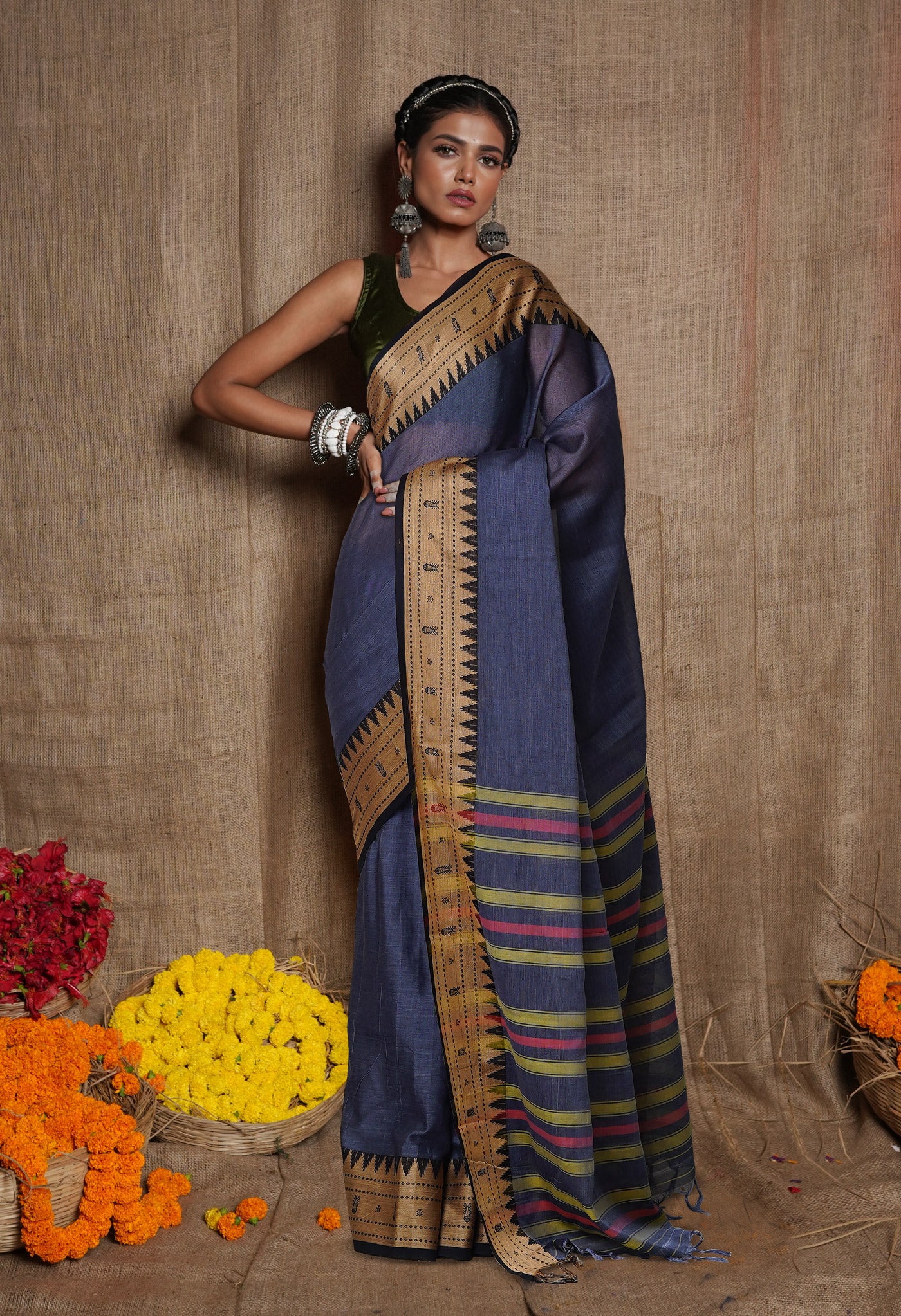 Dark Grey Pure Handloom Narayani Cotton Saree-UNM80099