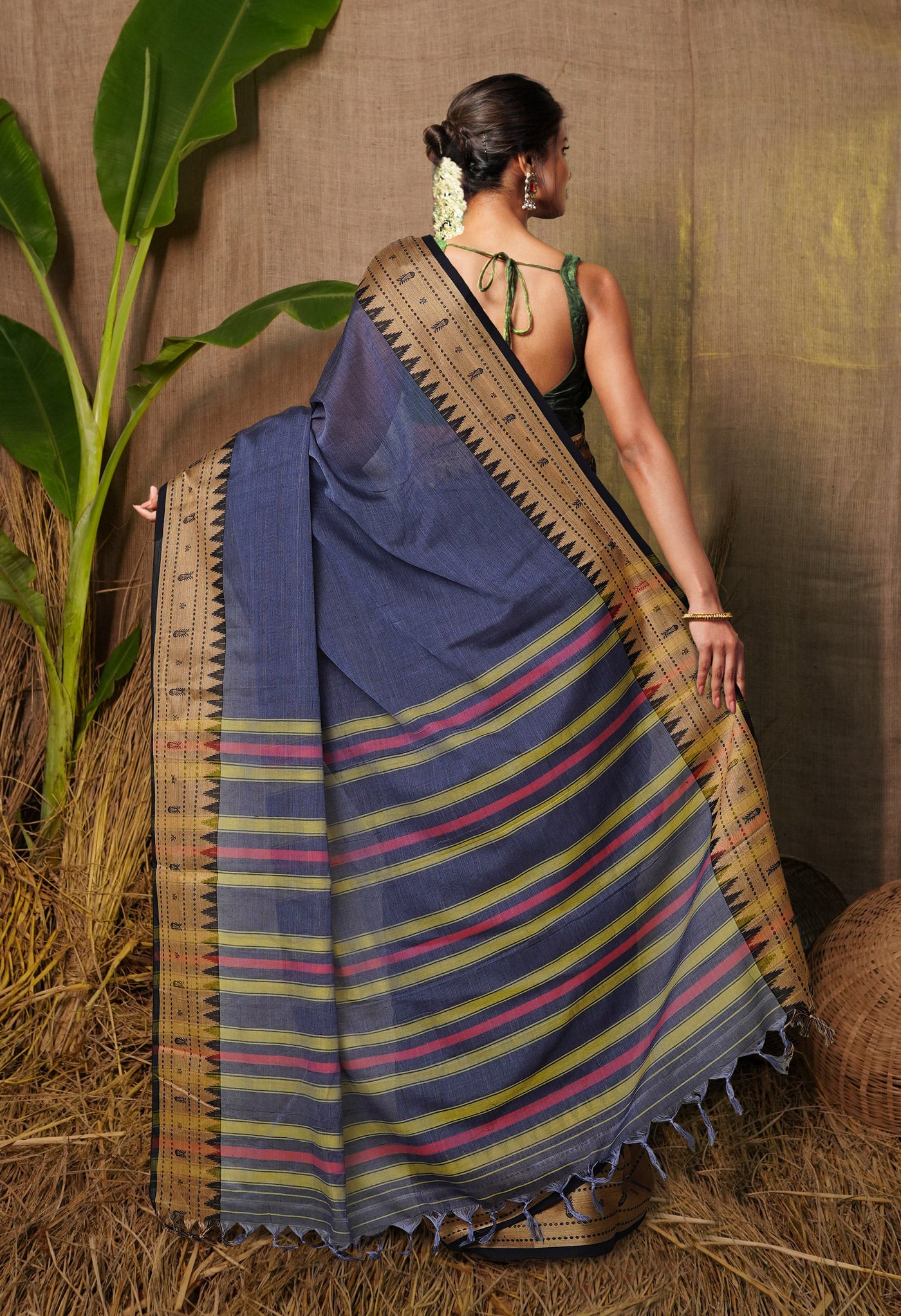 Dark Grey Pure Handloom Narayani Cotton Saree-UNM80099