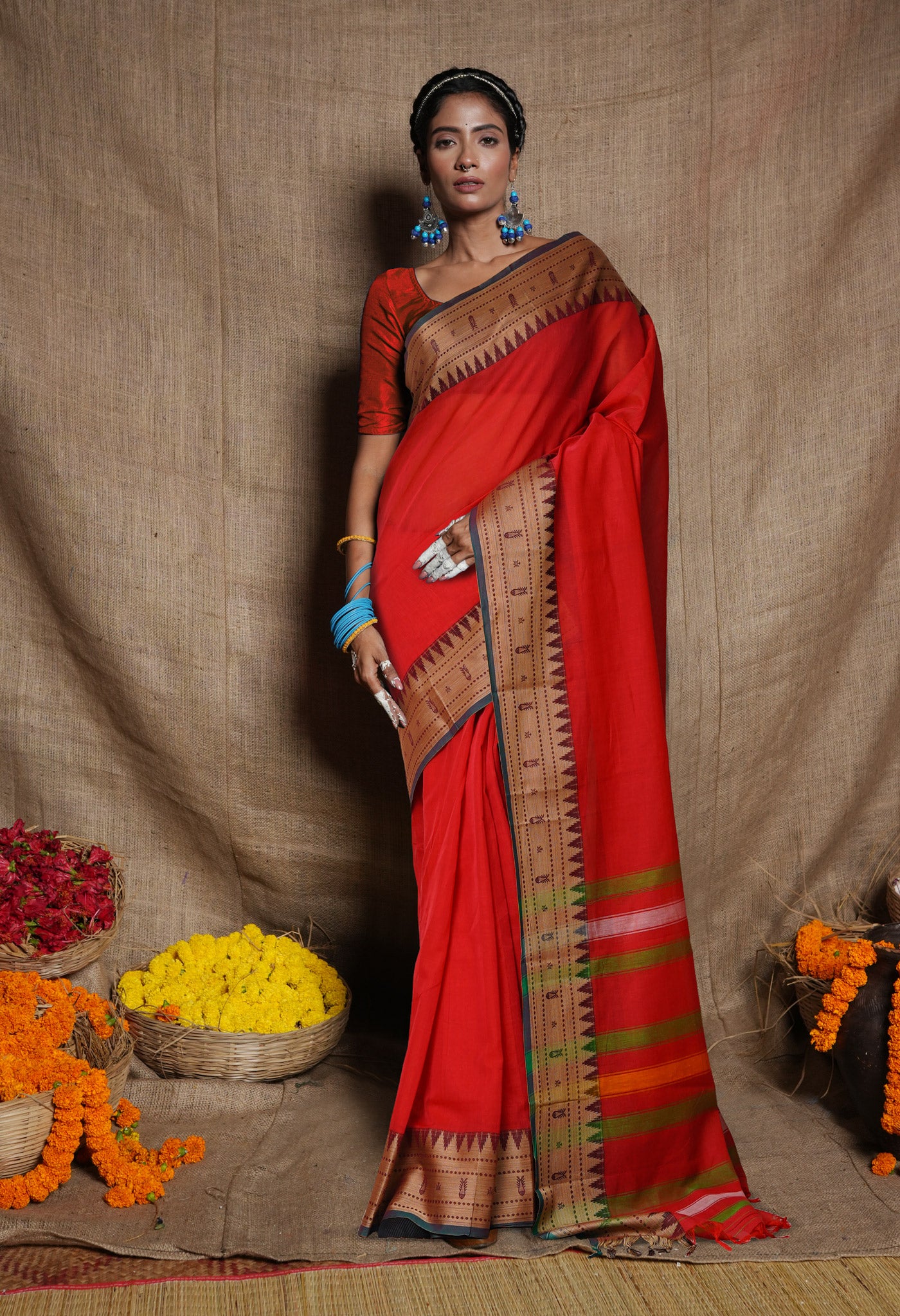 Red Pure Handloom Narayani Cotton Saree-UNM80100