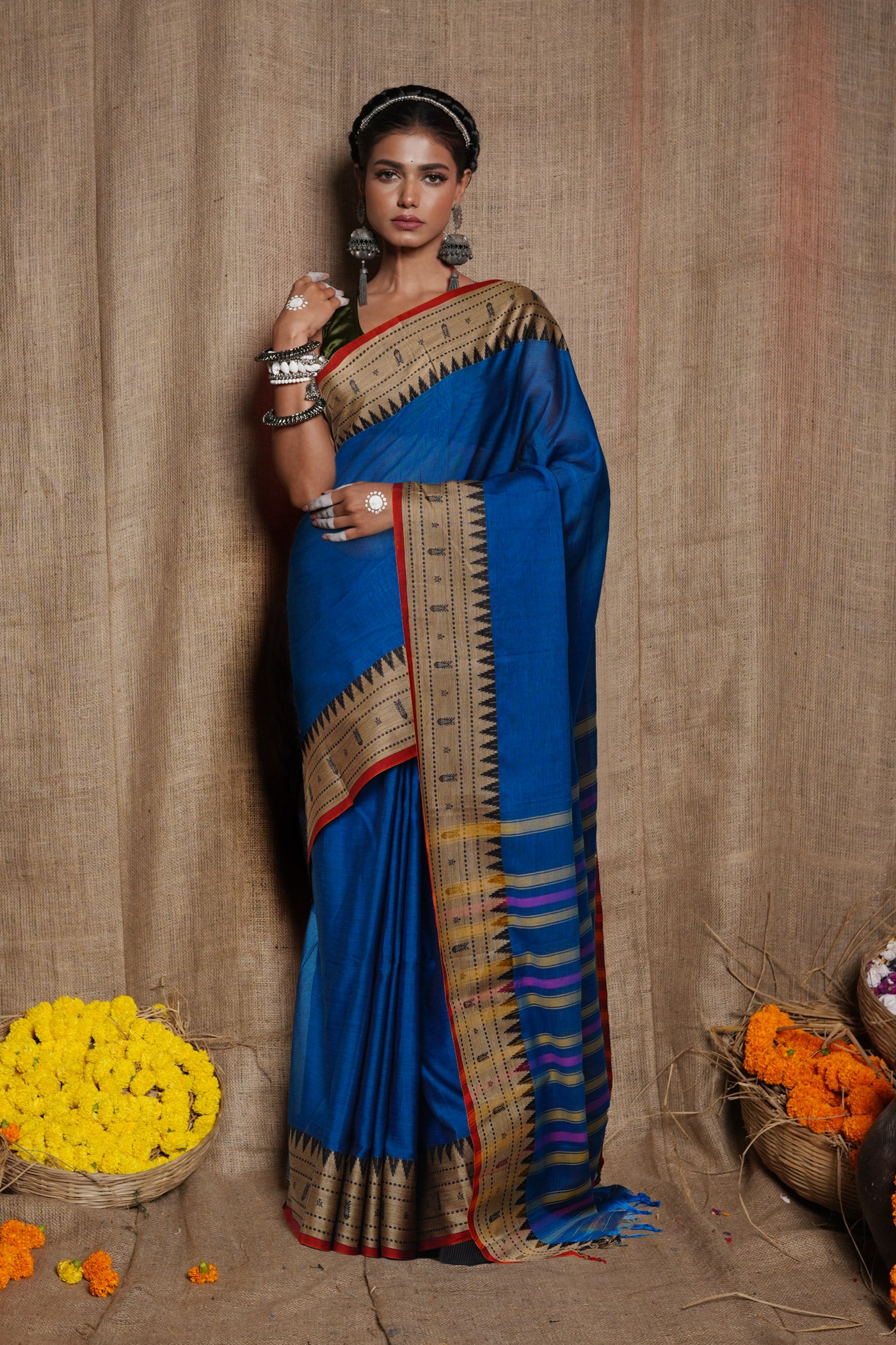 Peacock Blue Pure Handloom Narayani Cotton Saree-UNM80102