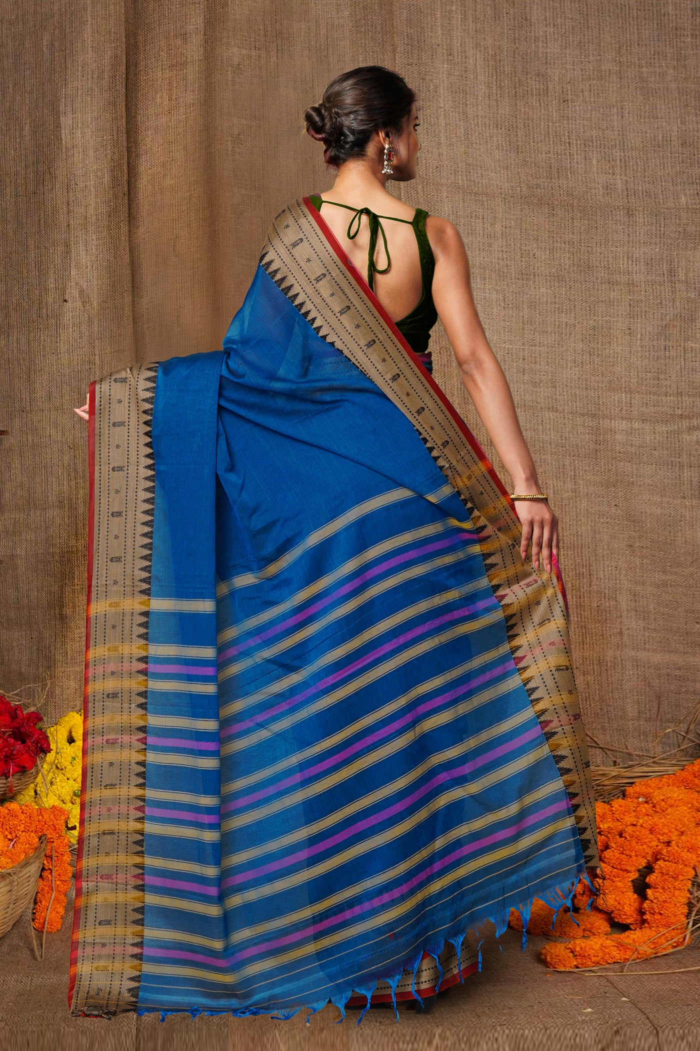 Peacock Blue Pure Handloom Narayani Cotton Saree-UNM80102