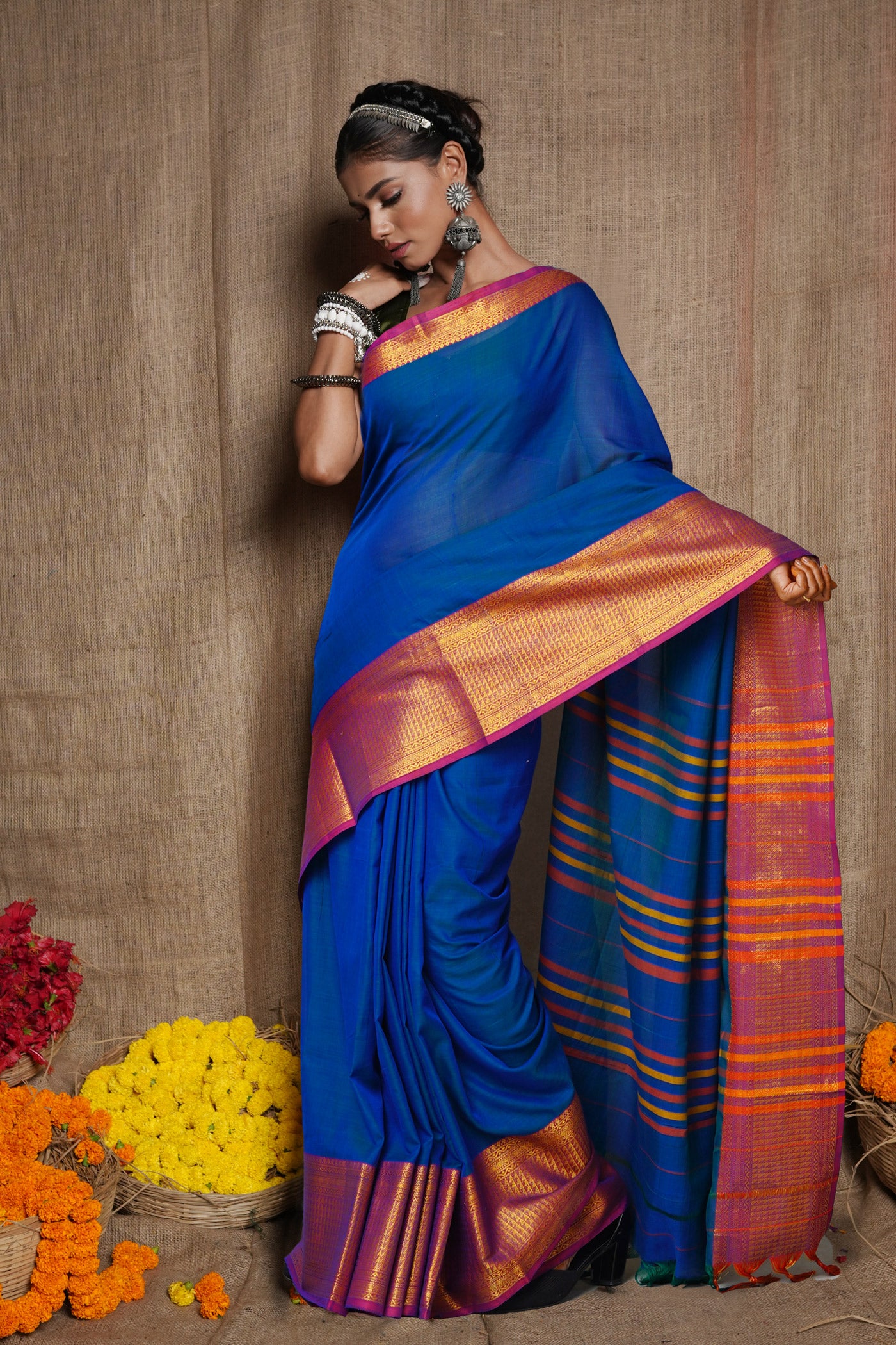 Peacock Blue Pure Handloom Narayani Cotton Saree-UNM80104