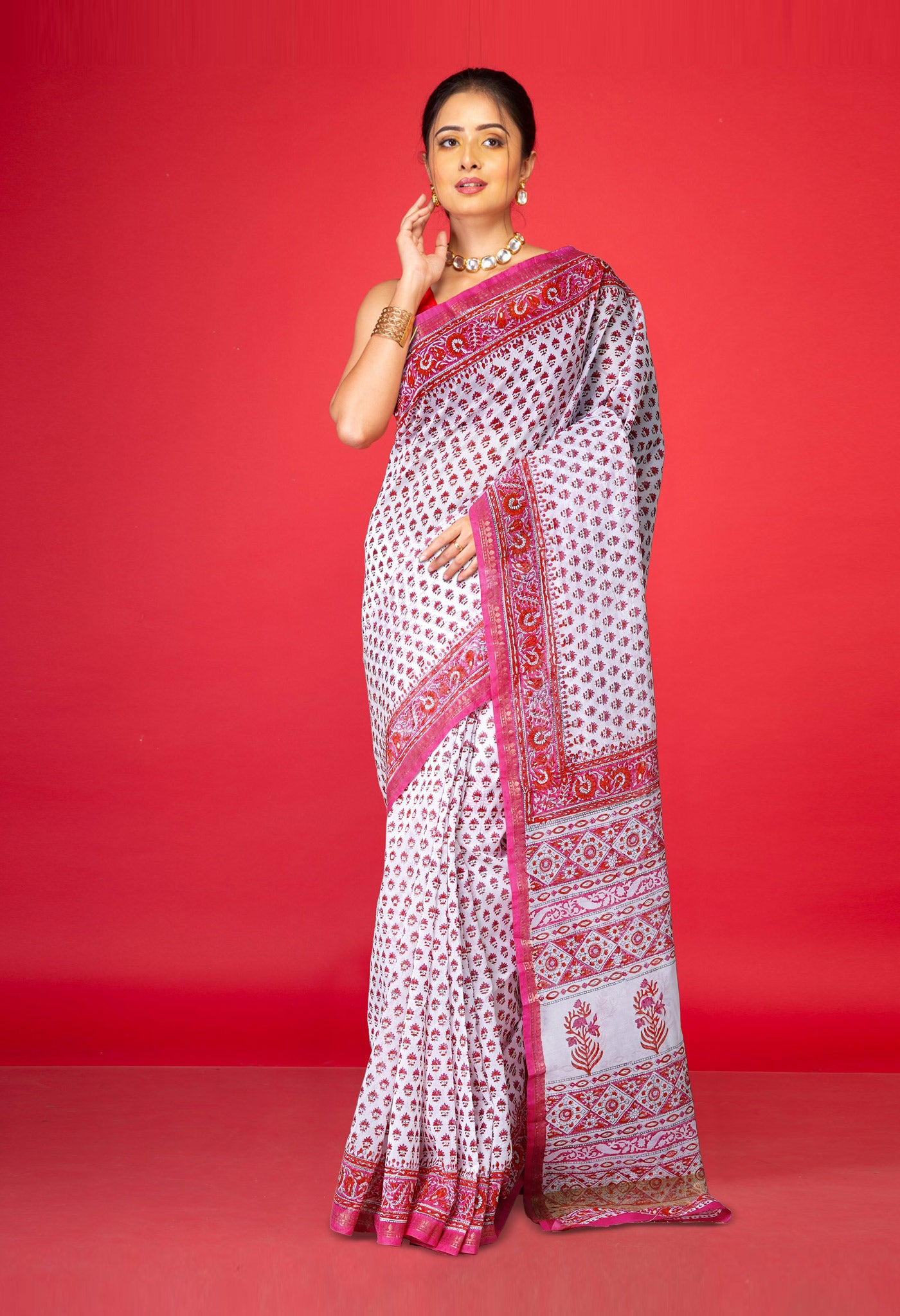 White Dyed Printed Chanderi Sico Saree-UNM80113