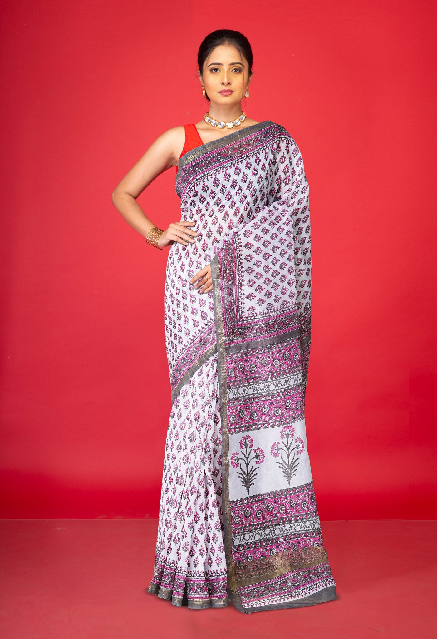 White Dyed Printed Chanderi Sico Saree-UNM80114