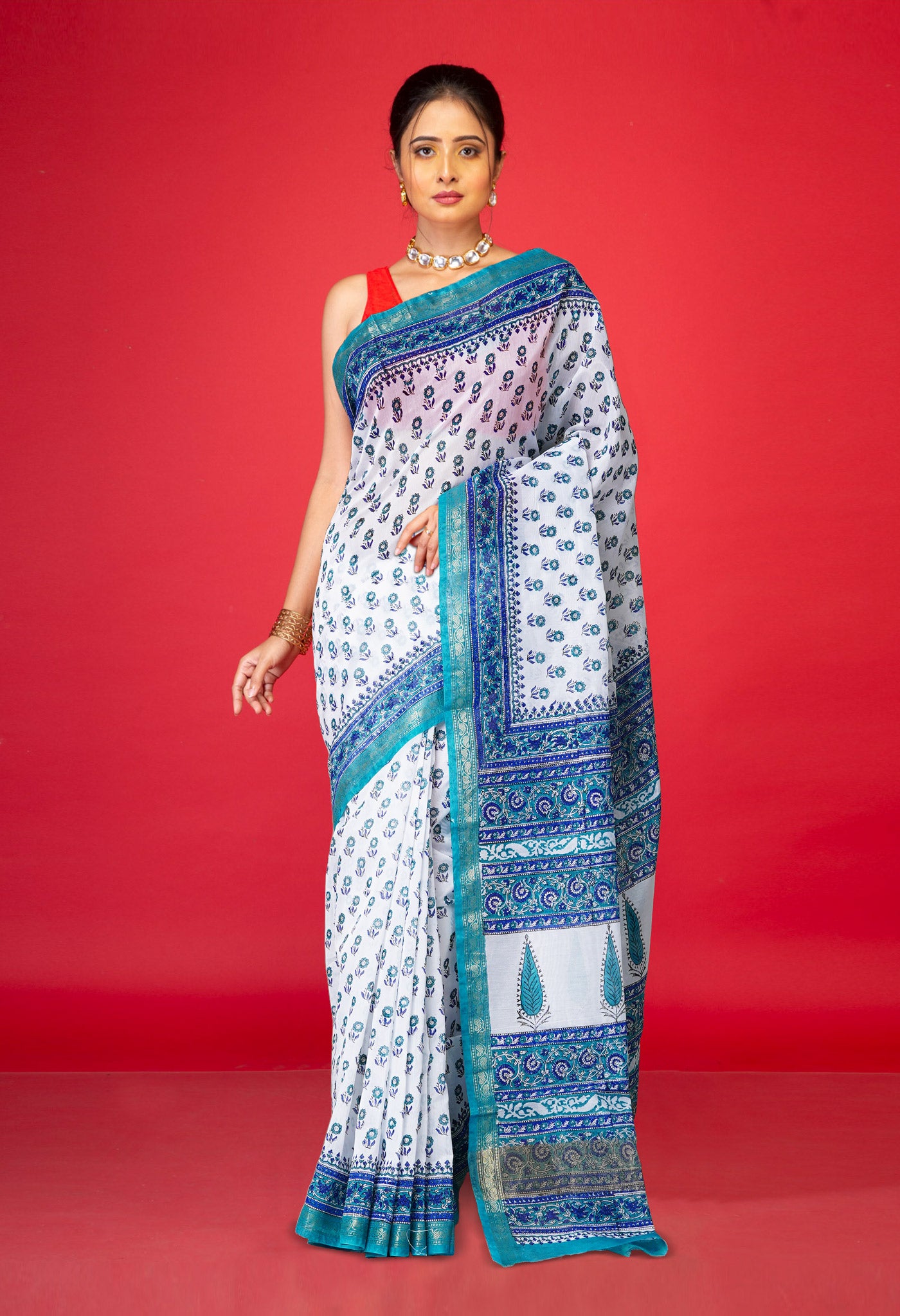 White Dyed Printed Chanderi Sico Saree-UNM80115