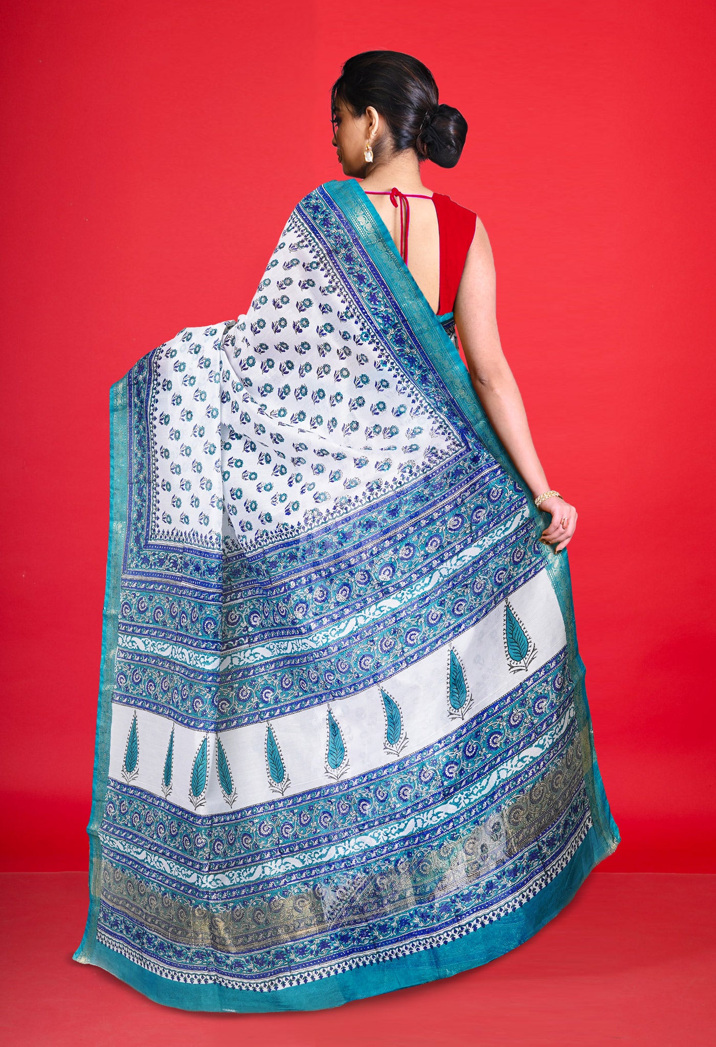 White Dyed Printed Chanderi Sico Saree-UNM80115