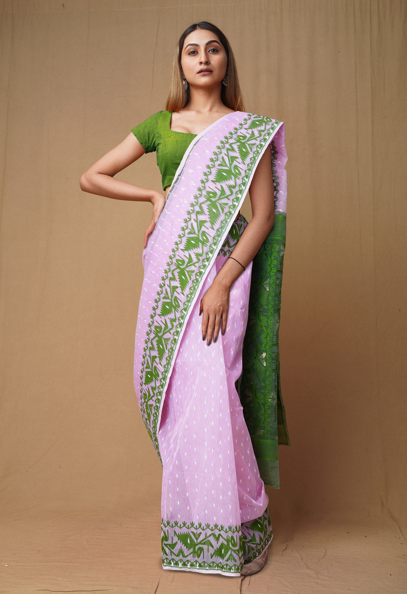 Pink-Green Pure Handloom Jamdhani Bengal Cotton Saree-UNM80116