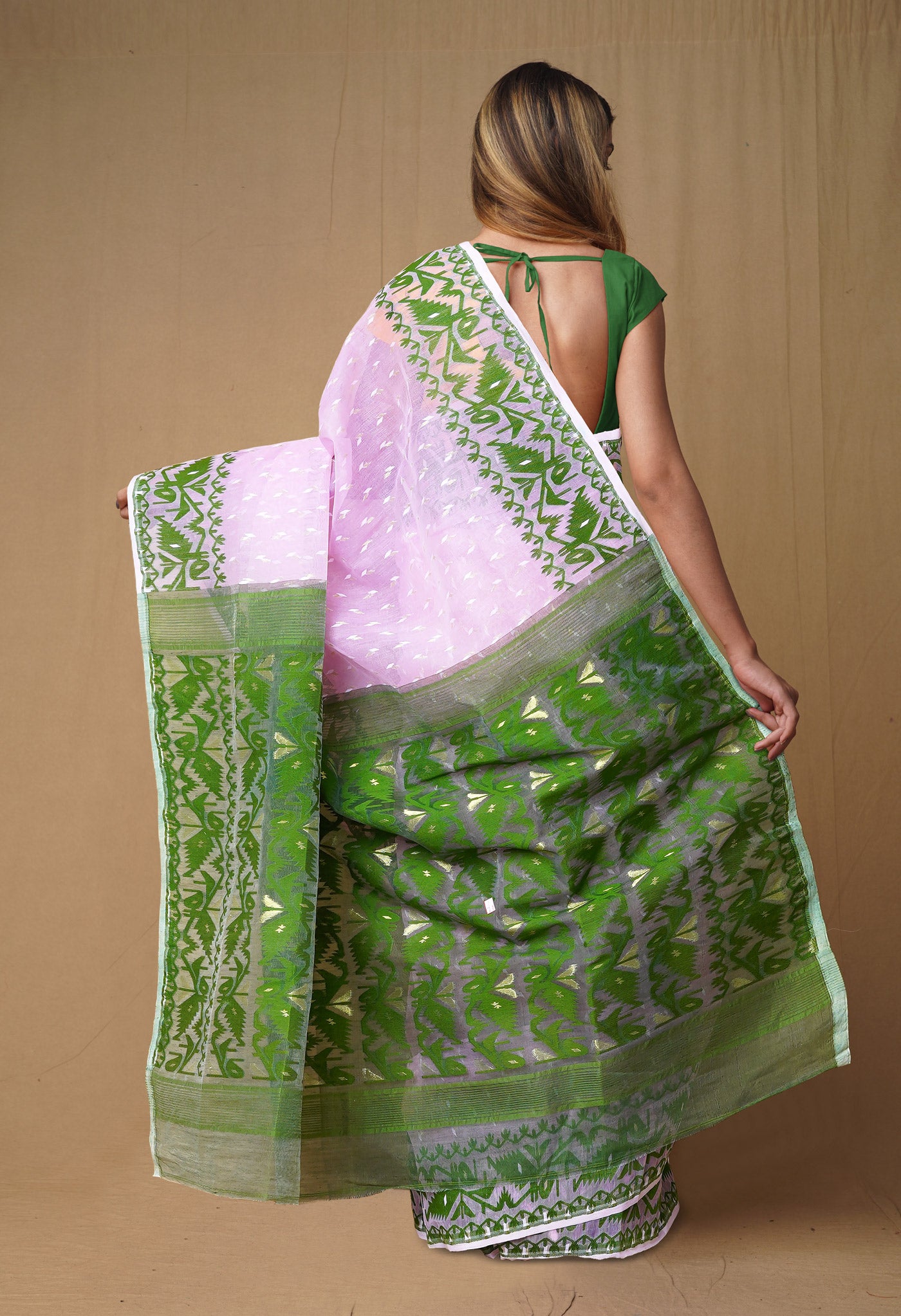 Pink-Green Pure Handloom Jamdhani Bengal Cotton Saree-UNM80116