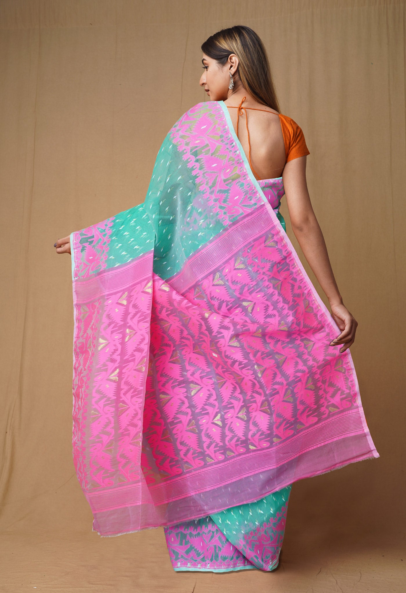 Green-Pink Pure Handloom Jamdhani Bengal Cotton Saree-UNM80117