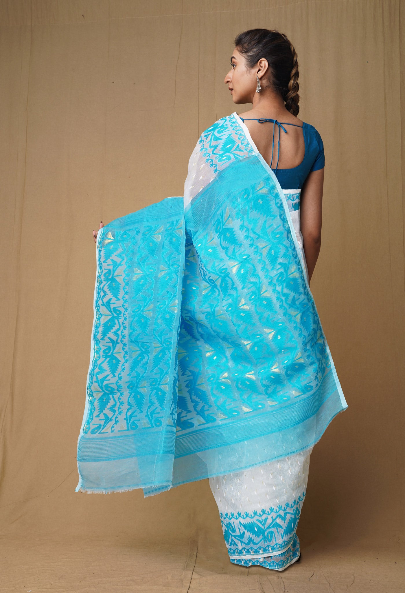 White-Blue Pure Handloom Jamdhani Bengal Cotton Saree-UNM80118