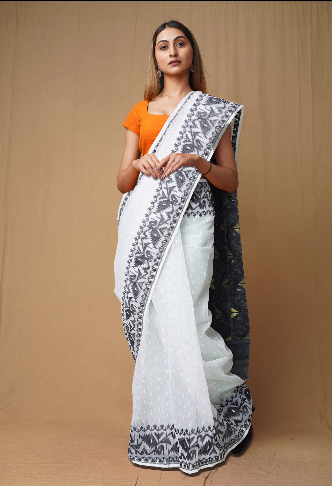 White-Black Pure Handloom Jamdhani Bengal Cotton Saree-UNM80120