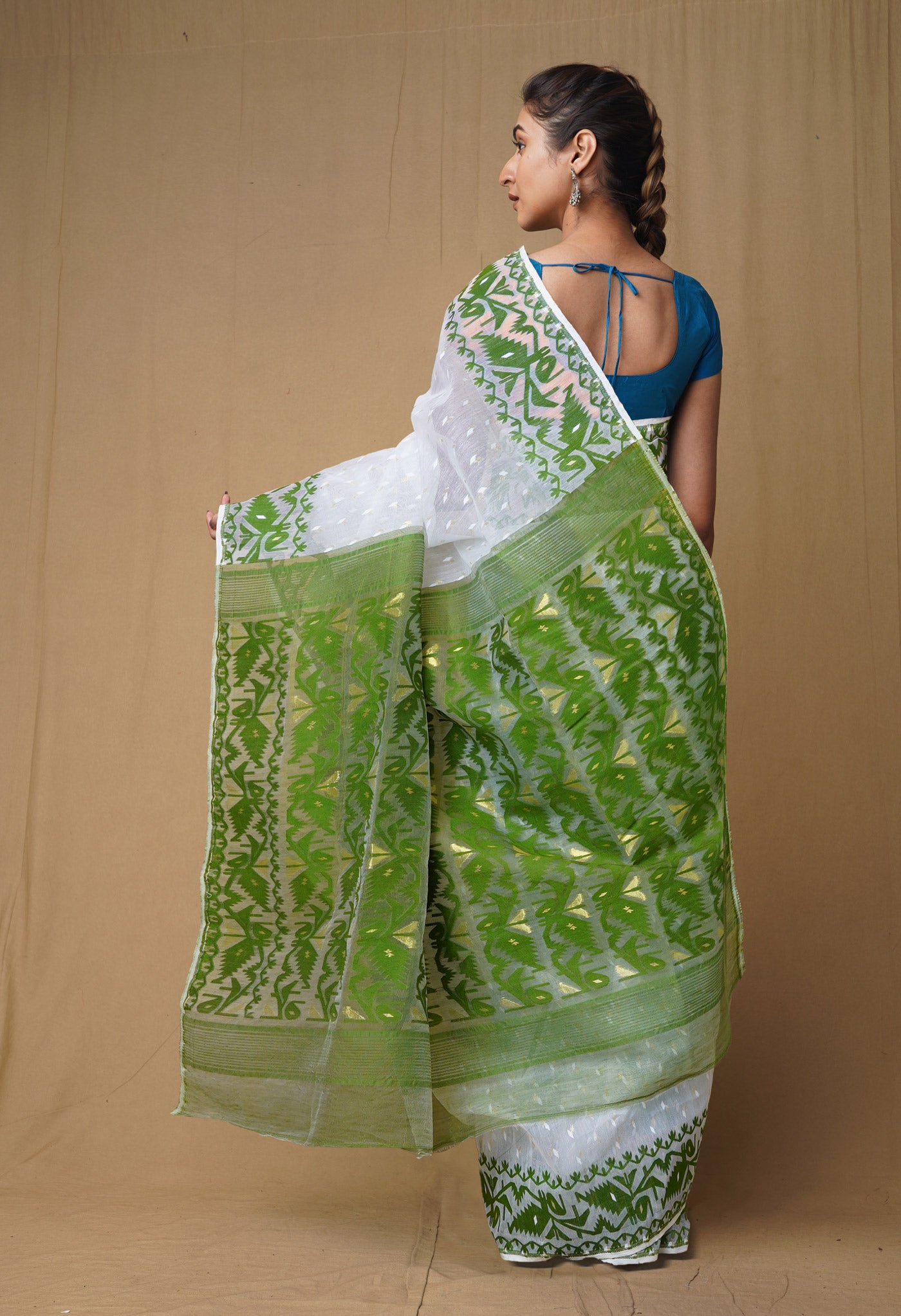 White-Green Pure Handloom Jamdhani Bengal Cotton Saree-UNM80121