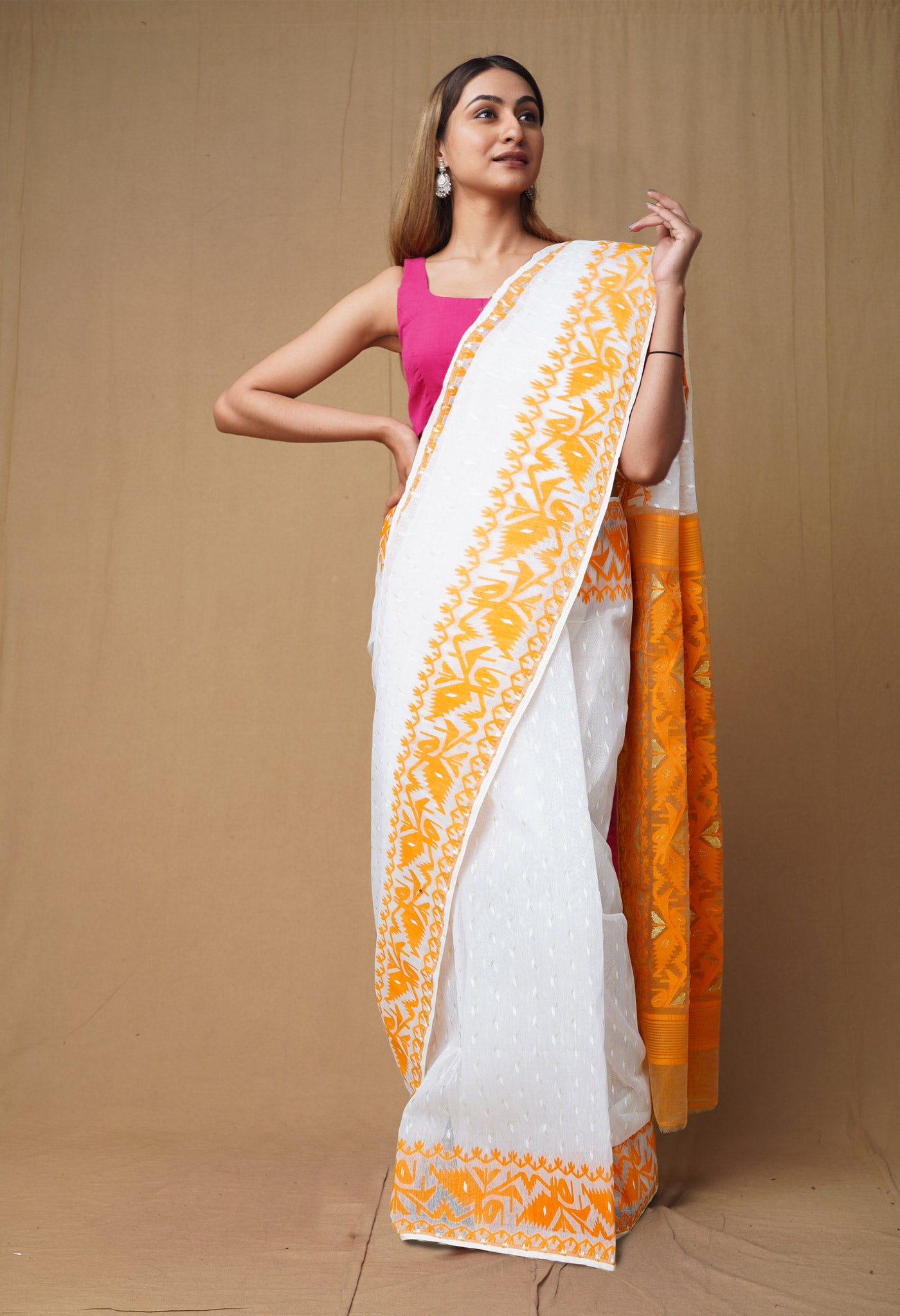 White-Orange Pure Handloom Jamdhani Bengal Cotton Saree-UNM80124