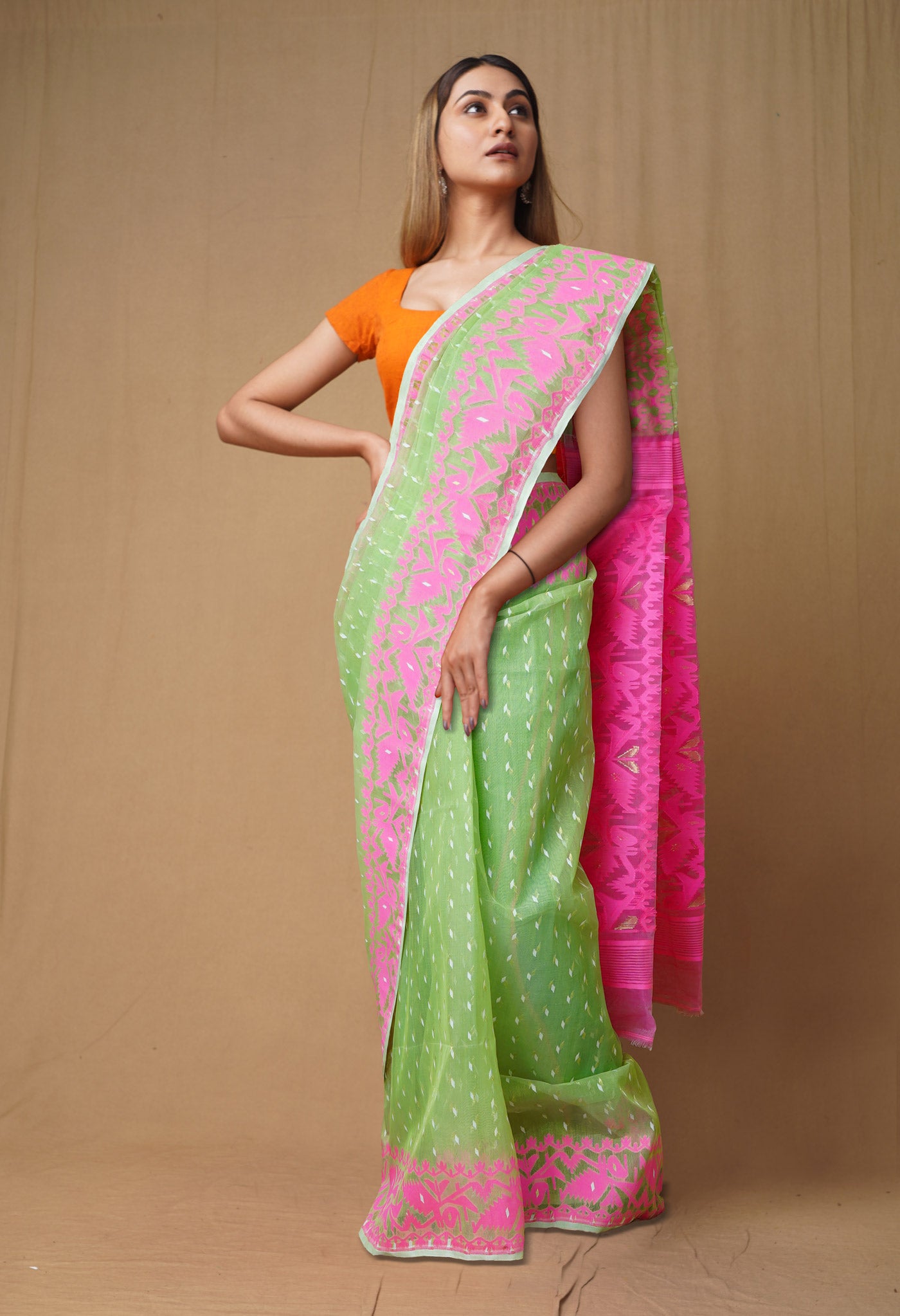 Green-Pink Pure Handloom Jamdhani Bengal Cotton Saree-UNM80125