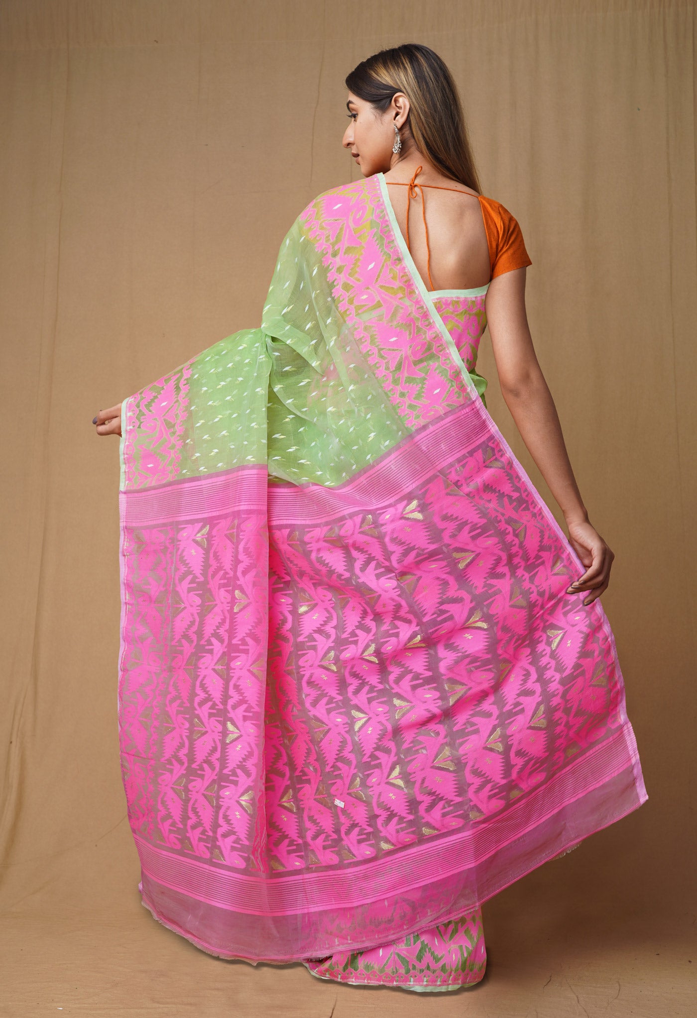 Green-Pink Pure Handloom Jamdhani Bengal Cotton Saree-UNM80125