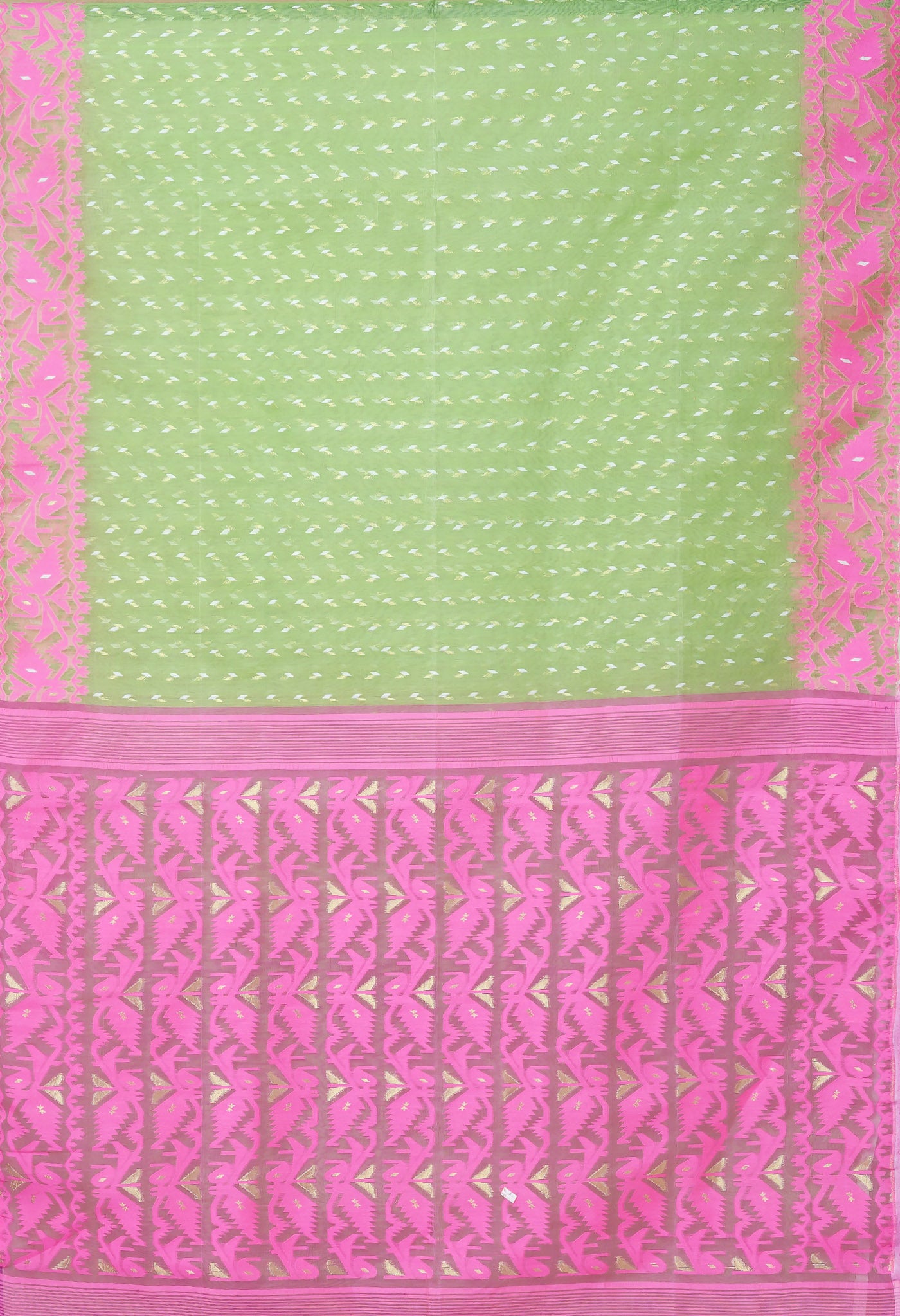 Green-Pink Pure Handloom Jamdhani Bengal Cotton Saree-UNM80125