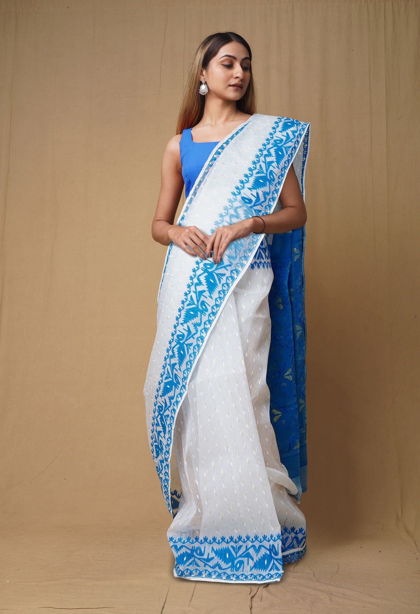 White-Blue Pure Handloom Jamdhani Bengal Cotton Saree-UNM80126