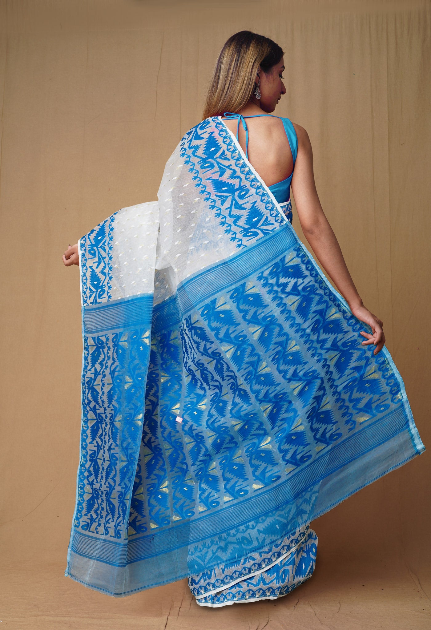 White-Blue Pure Handloom Jamdhani Bengal Cotton Saree-UNM80126