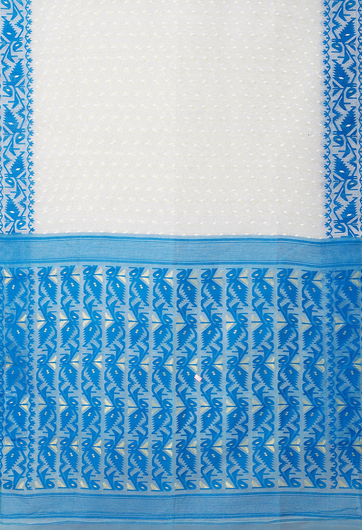 White-Blue Pure Handloom Jamdhani Bengal Cotton Saree-UNM80126