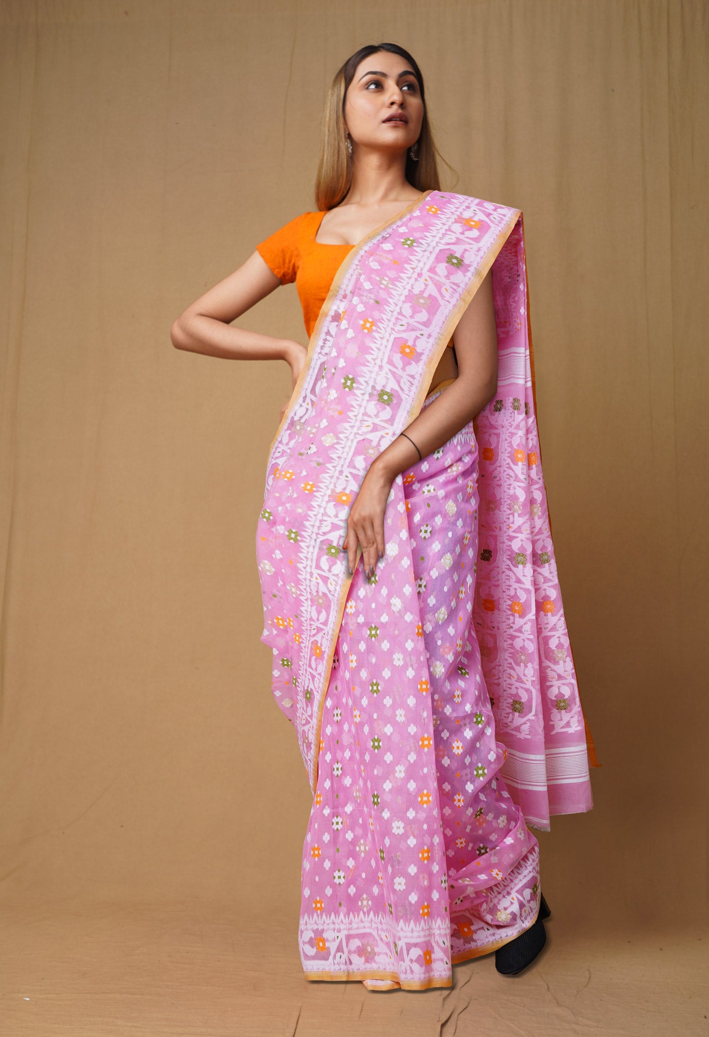 Pink-White Pure Handloom Jamdhani Bengal Cotton Saree-UNM80127