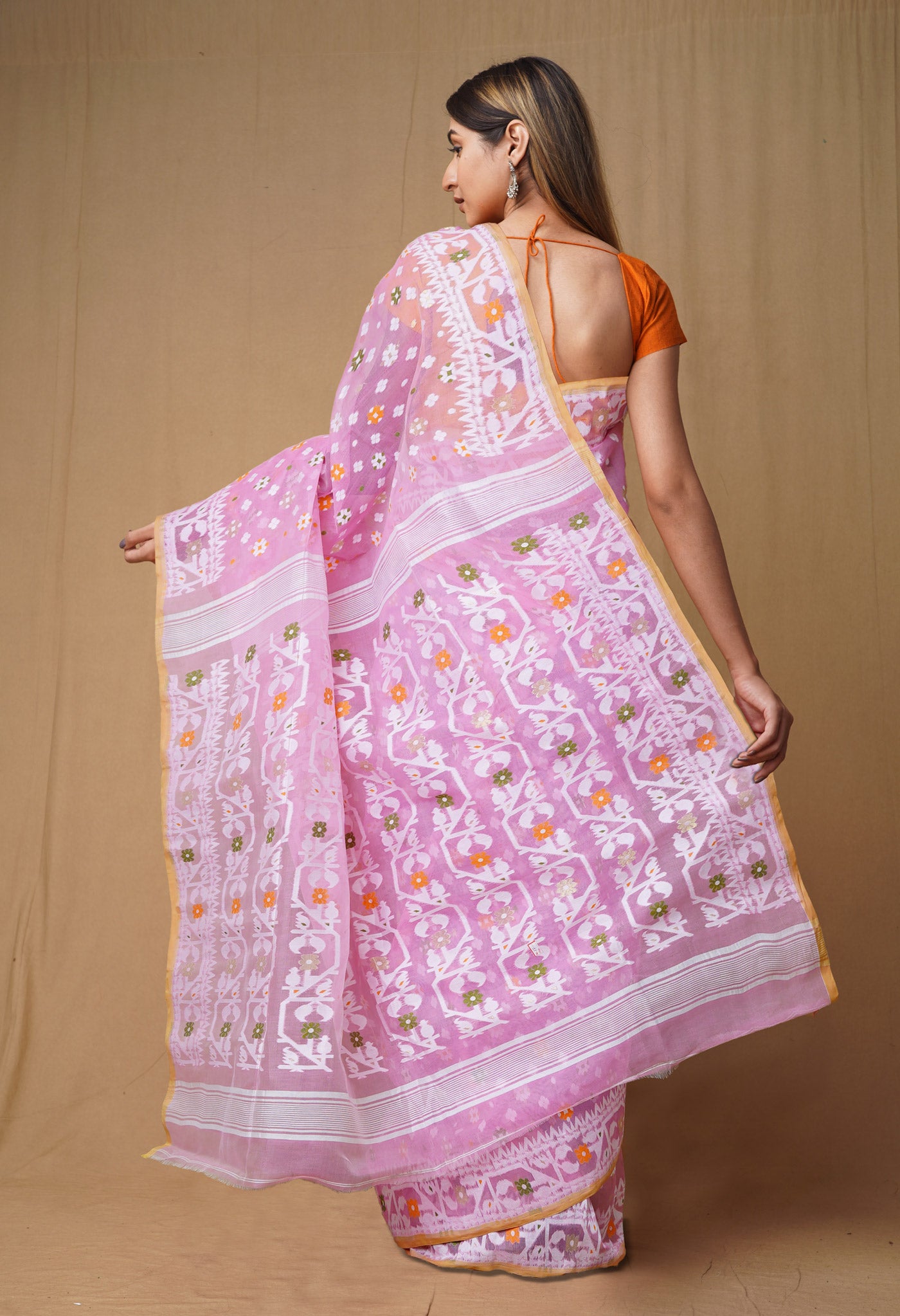 Pink-White Pure Handloom Jamdhani Bengal Cotton Saree-UNM80127