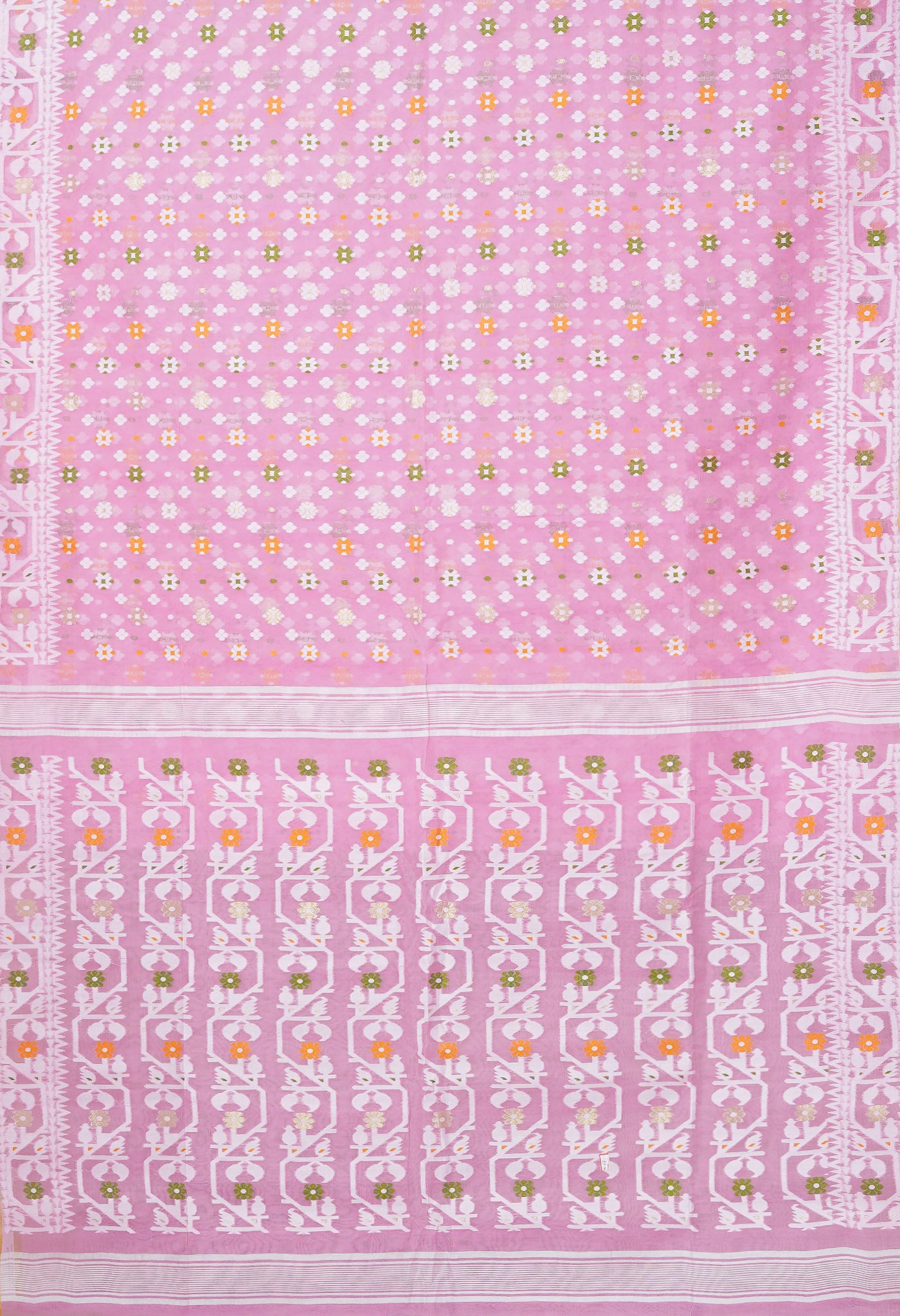 Pink-White Pure Handloom Jamdhani Bengal Cotton Saree-UNM80127