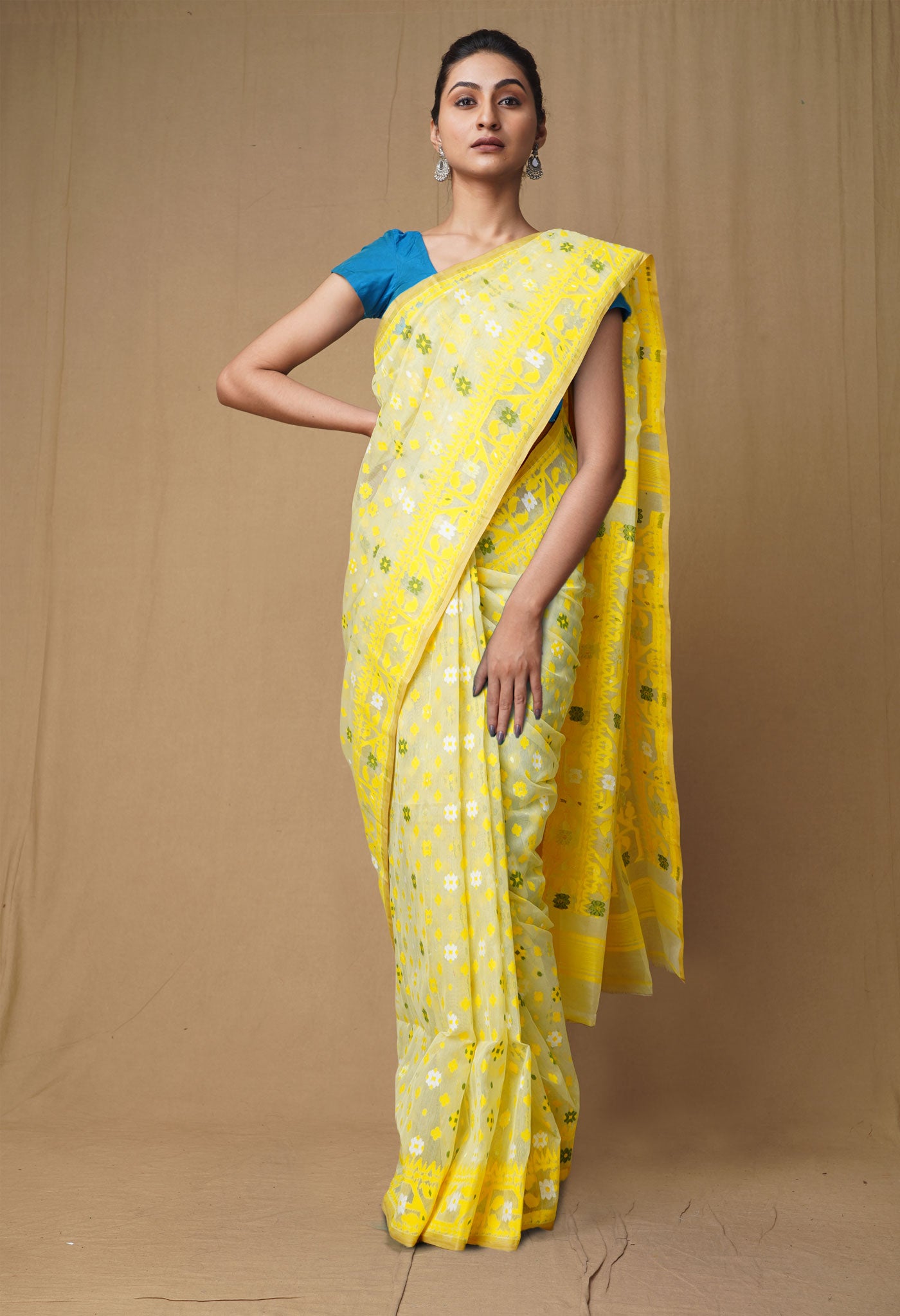 Cream-Yellow Pure Handloom Jamdhani Bengal Cotton Saree-UNM80130