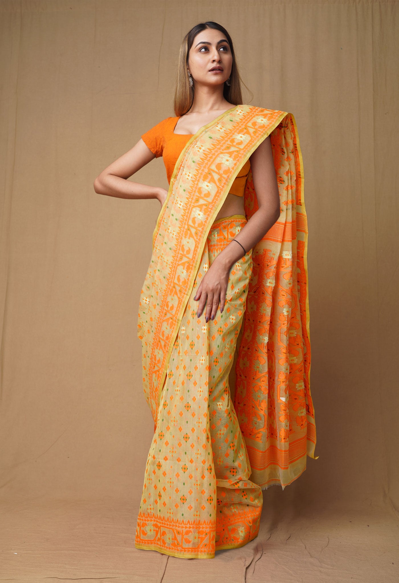 Cream-Orange Pure Handloom Jamdhani Bengal Cotton Saree-UNM80132