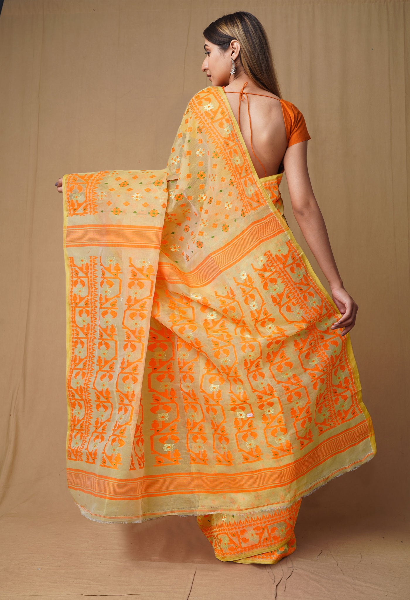 Cream-Orange Pure Handloom Jamdhani Bengal Cotton Saree-UNM80132