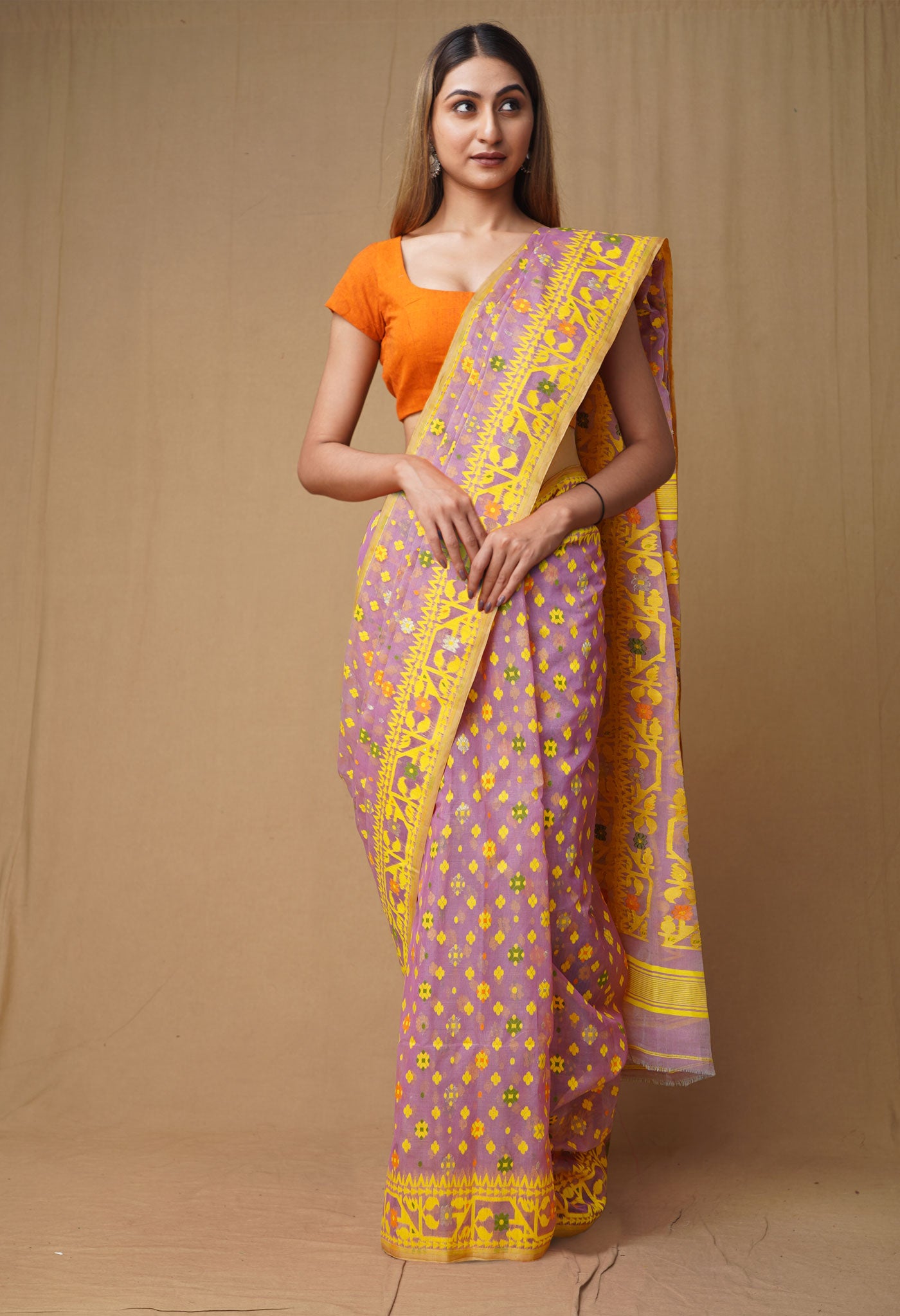 Lavender-Yellow Pure Handloom Jamdhani Bengal Cotton Saree-UNM80133