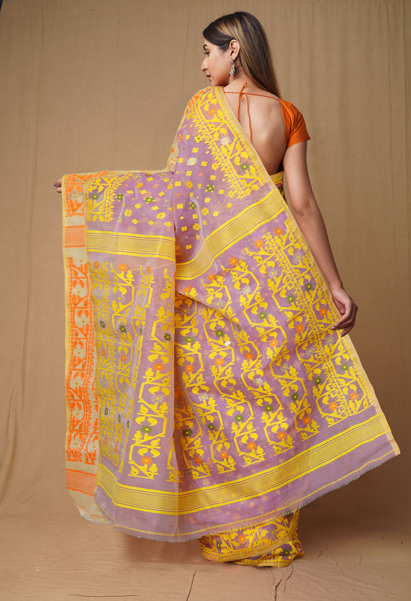 Lavender-Yellow Pure Handloom Jamdhani Bengal Cotton Saree-UNM80133