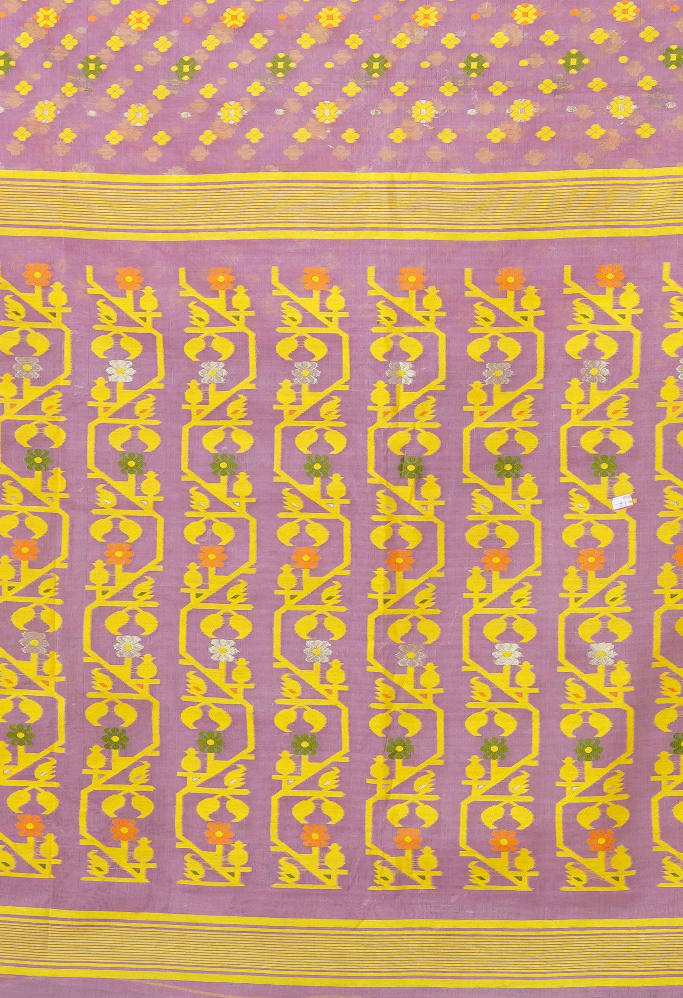 Lavender-Yellow Pure Handloom Jamdhani Bengal Cotton Saree-UNM80133