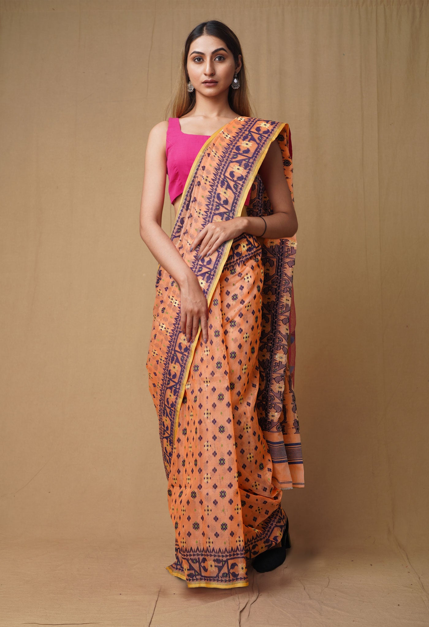 Orange-Blue Pure Handloom Jamdhani Bengal Cotton Saree-UNM80134