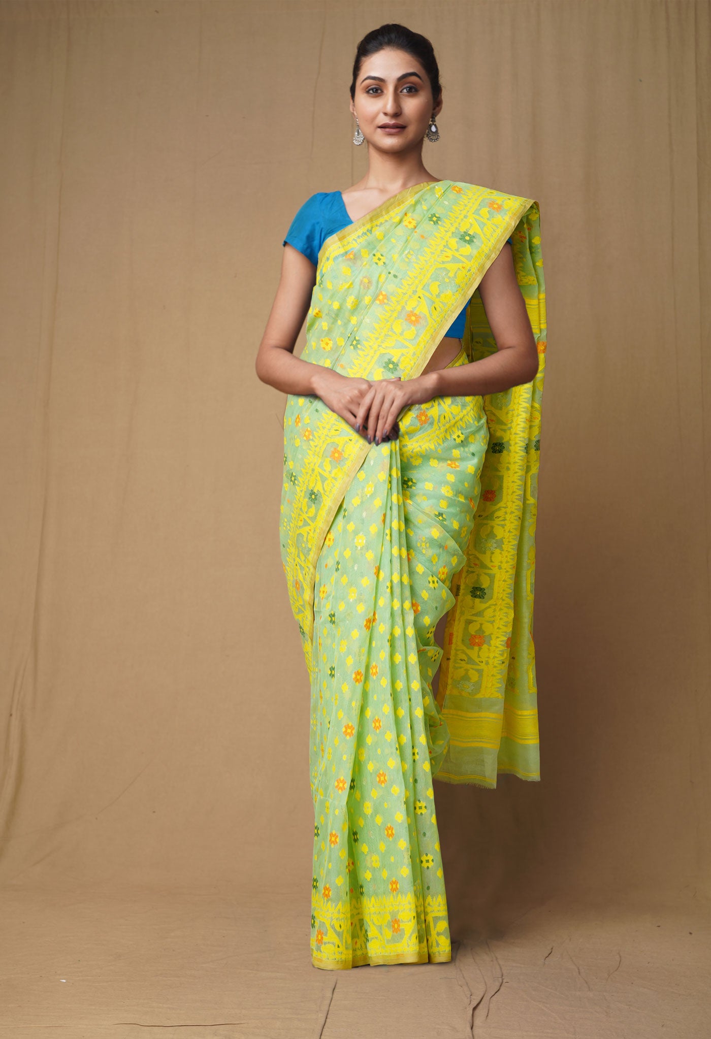 Green-Yellow Pure Handloom Jamdhani Bengal Cotton Saree-UNM80135