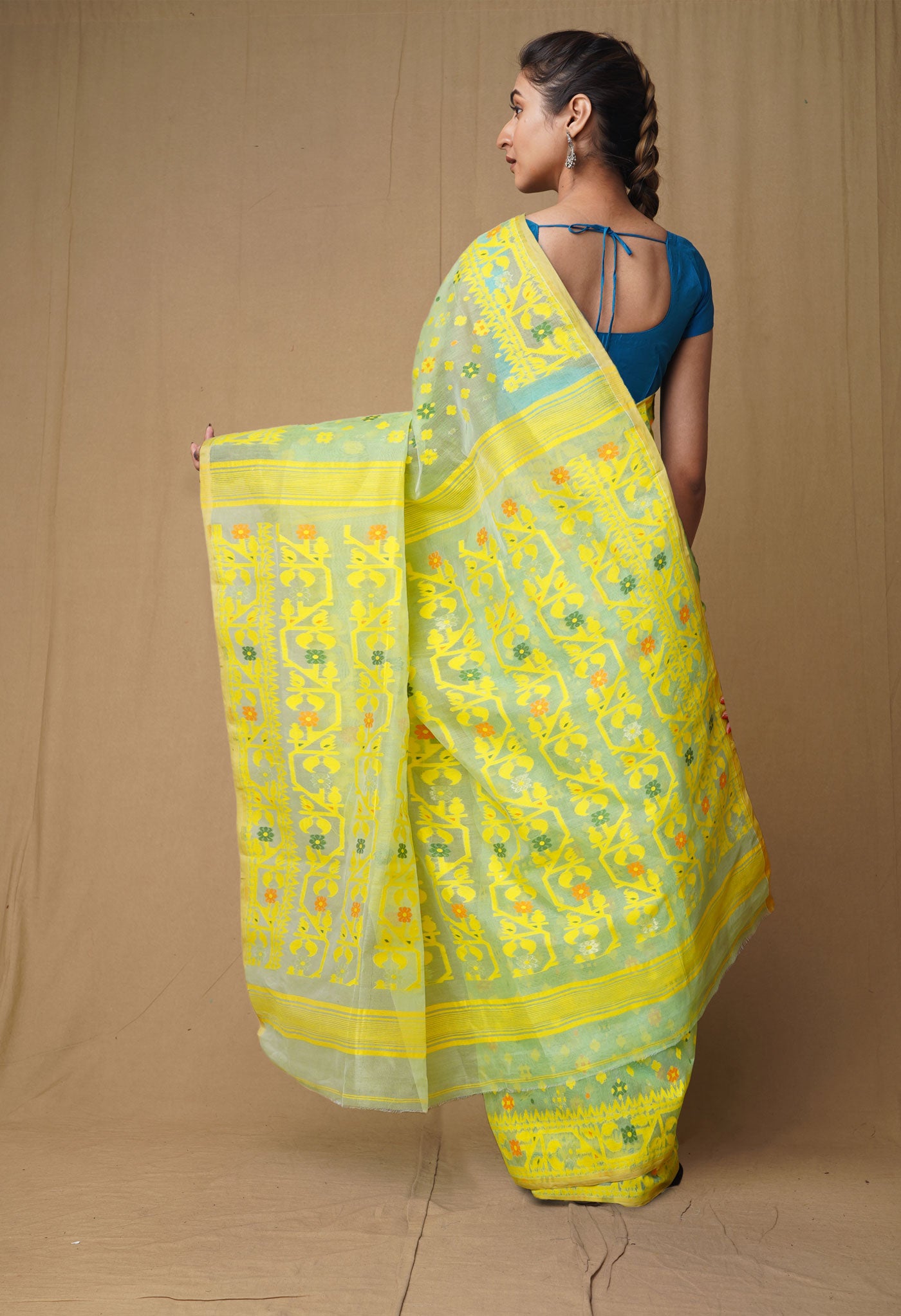 Green-Yellow Pure Handloom Jamdhani Bengal Cotton Saree-UNM80135