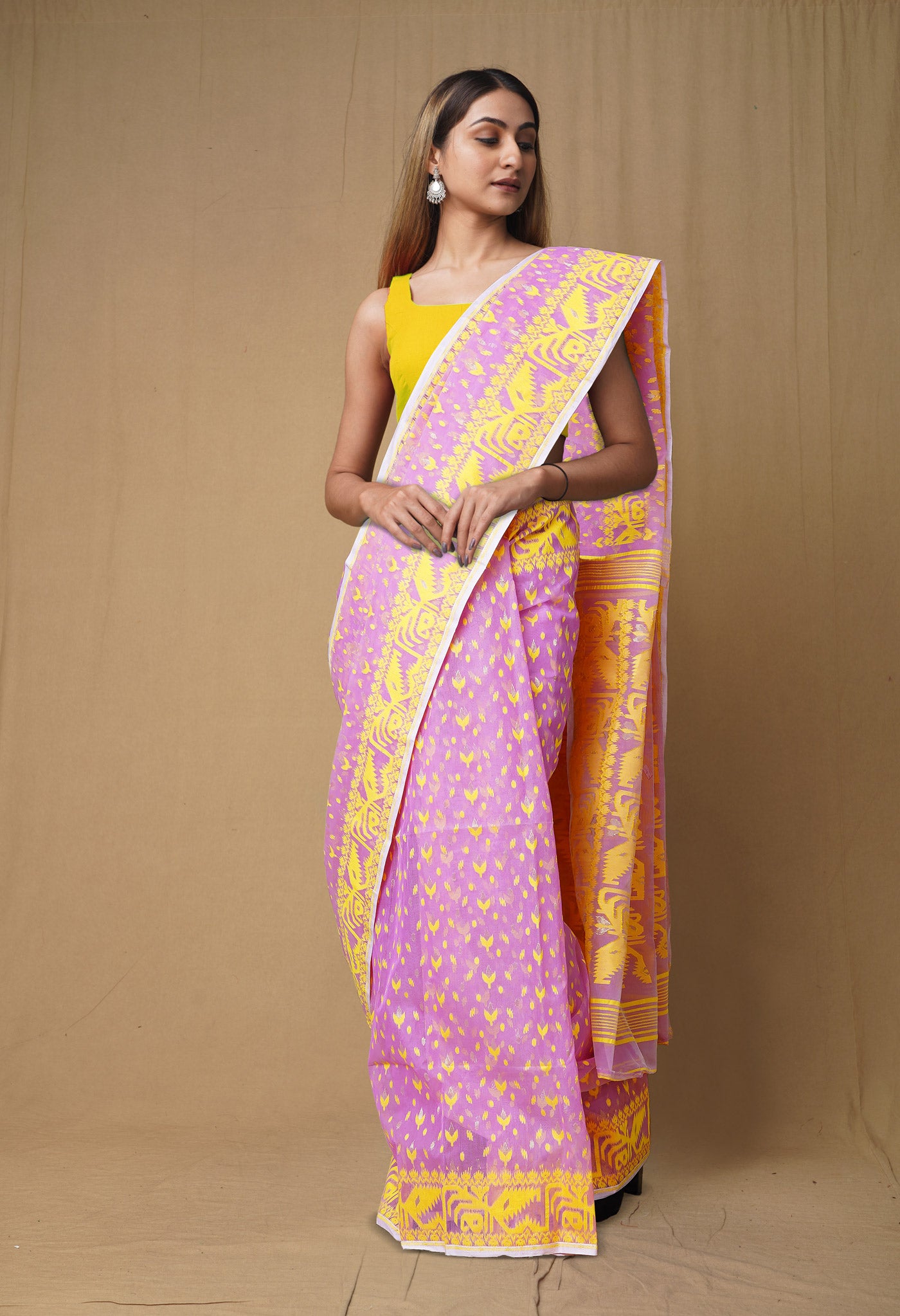 Lavender-Yellow Pure Handloom Jamdhani Bengal Cotton Saree-UNM80136