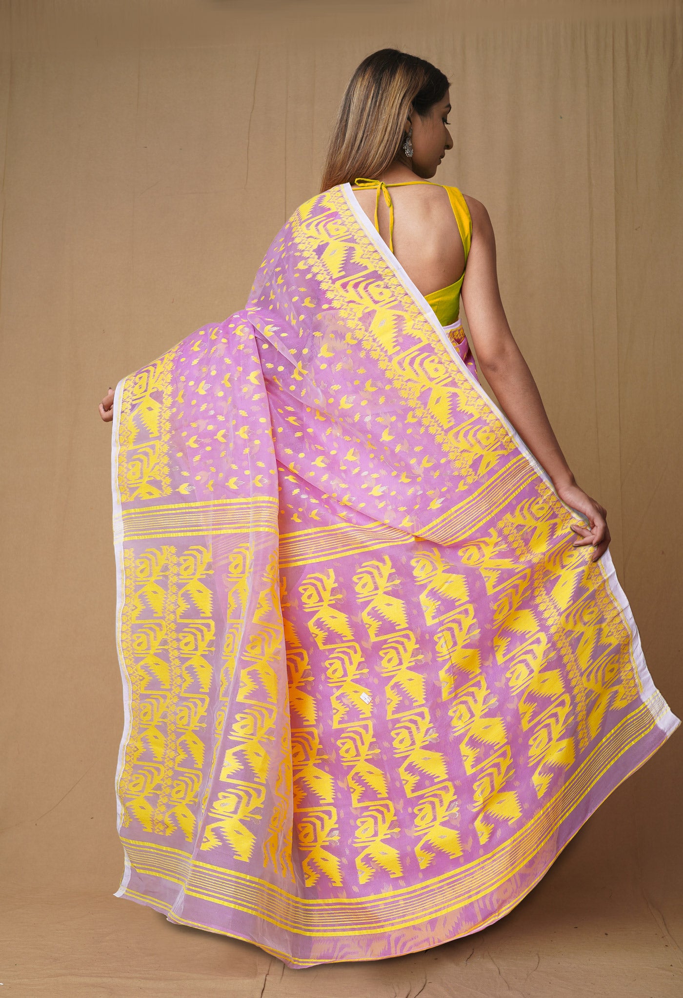 Lavender-Yellow Pure Handloom Jamdhani Bengal Cotton Saree-UNM80136