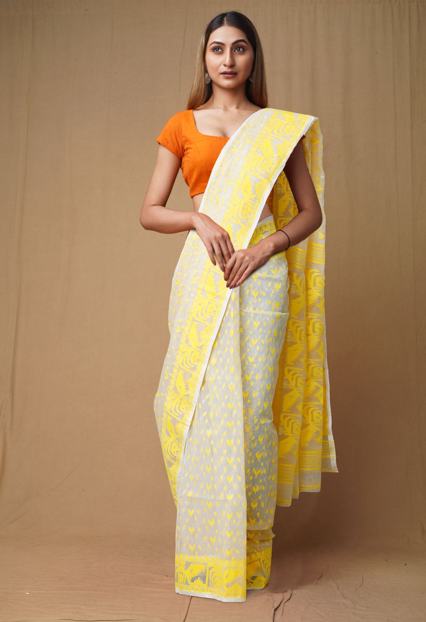 Ivory-Yellow Pure Handloom Jamdhani Bengal Cotton Saree-UNM80137