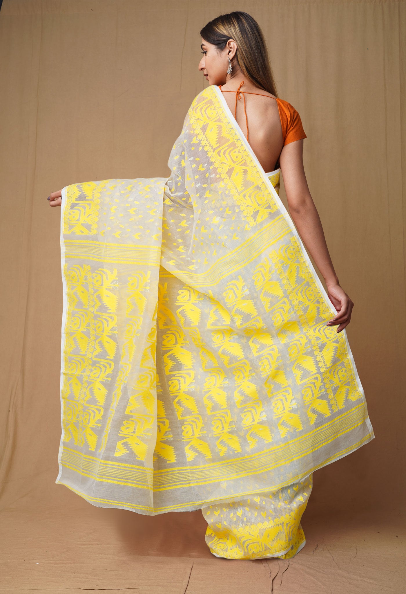 Ivory-Yellow Pure Handloom Jamdhani Bengal Cotton Saree-UNM80137