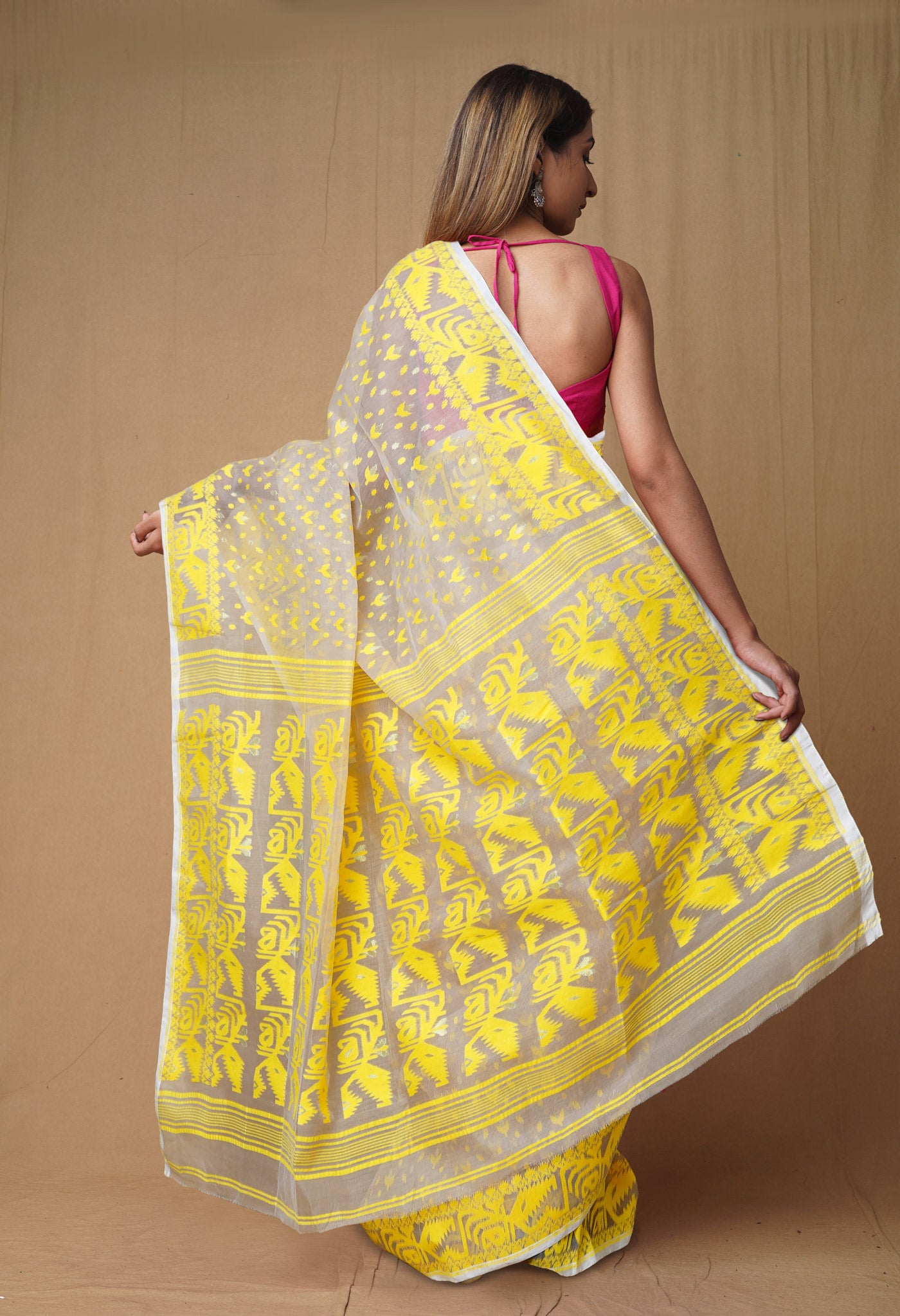 Cream-Yellow Pure Handloom Jamdhani Bengal Cotton Saree-UNM80140